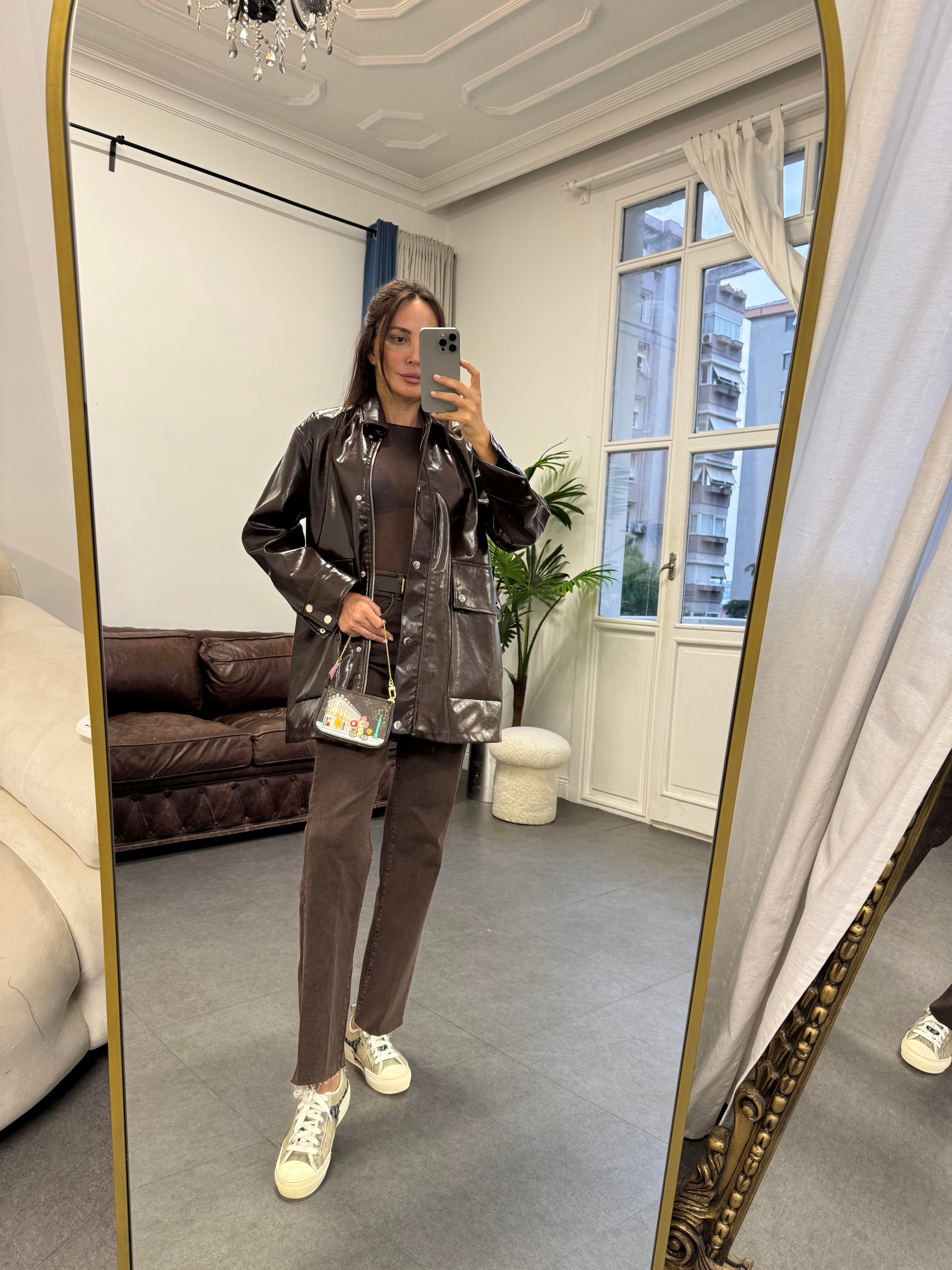 Acı Kahve Parlak 2 Cepli Deri Ceket