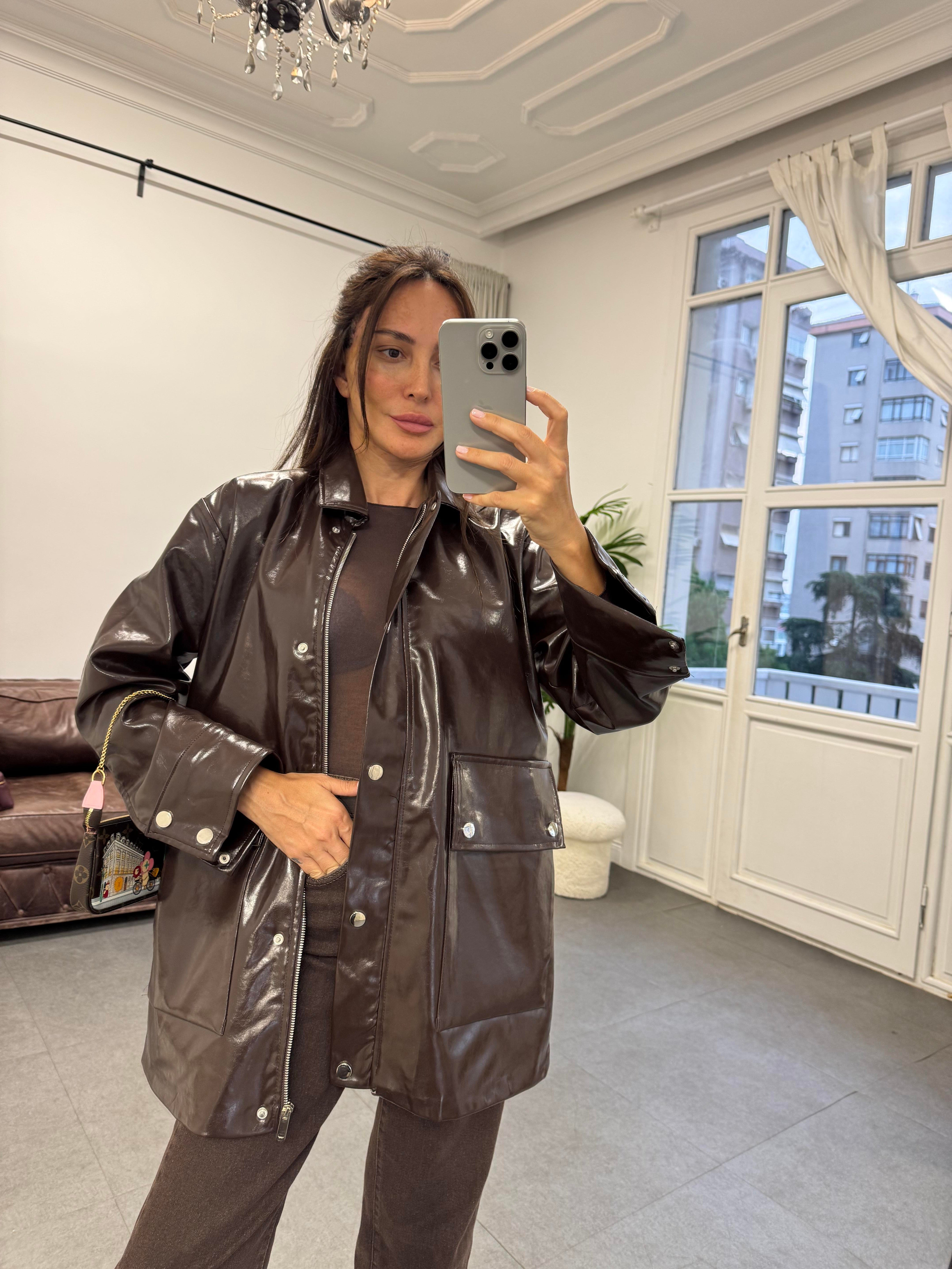 Acı Kahve Parlak 2 Cepli Deri Ceket