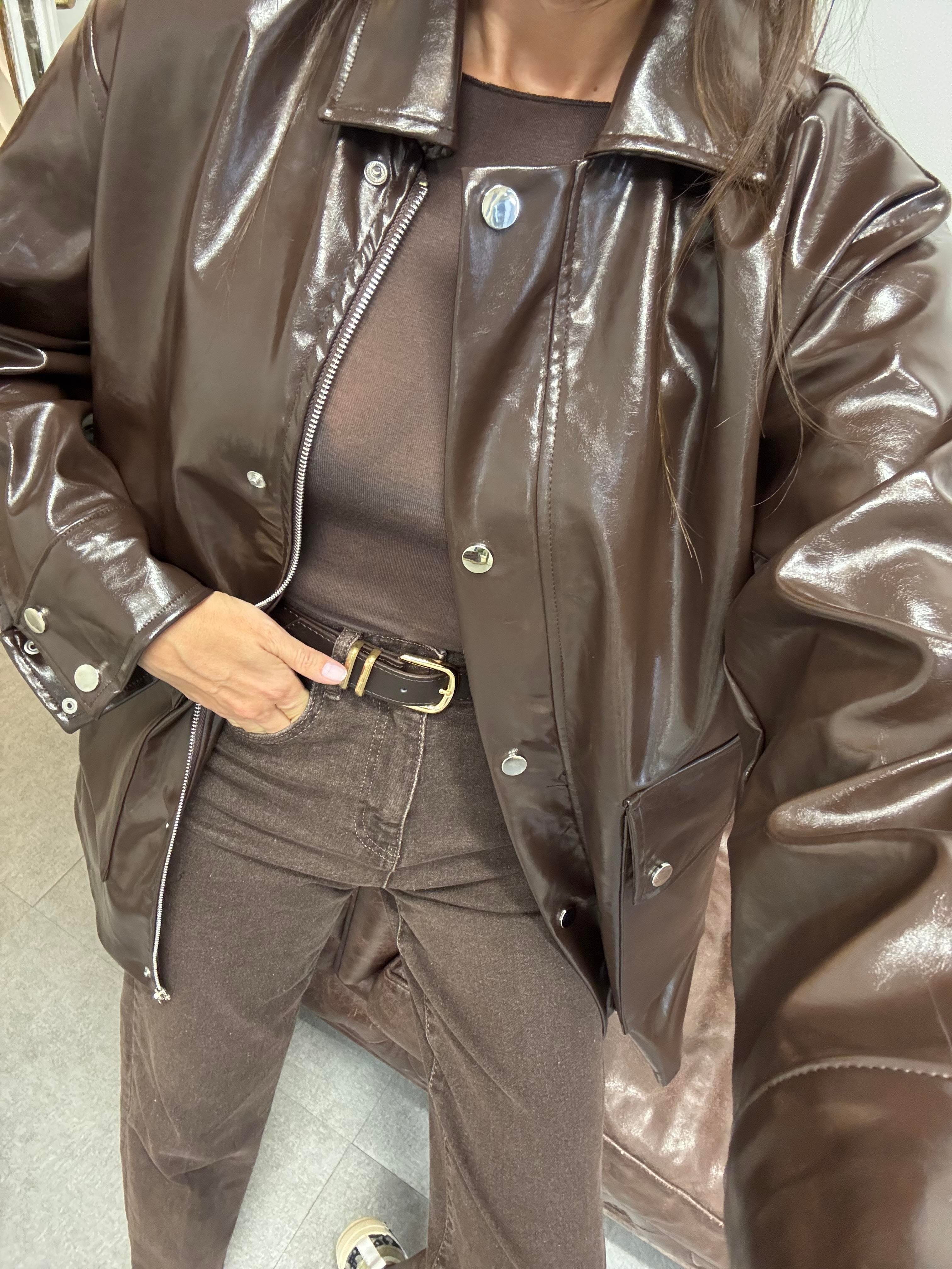 Acı Kahve Parlak 2 Cepli Deri Ceket