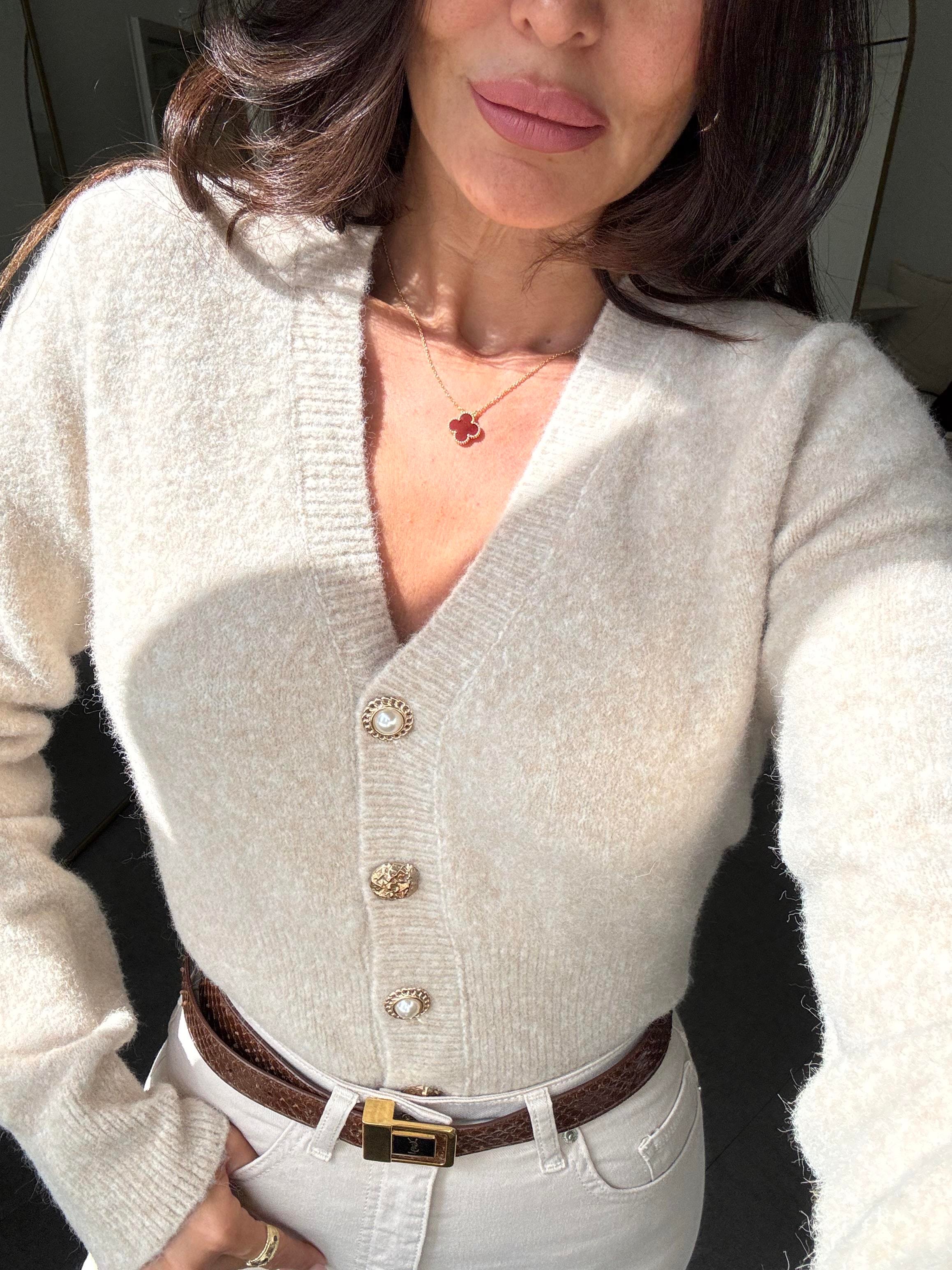 Açık Bej Melanj V Yaka Düğmeli Triko Hırka