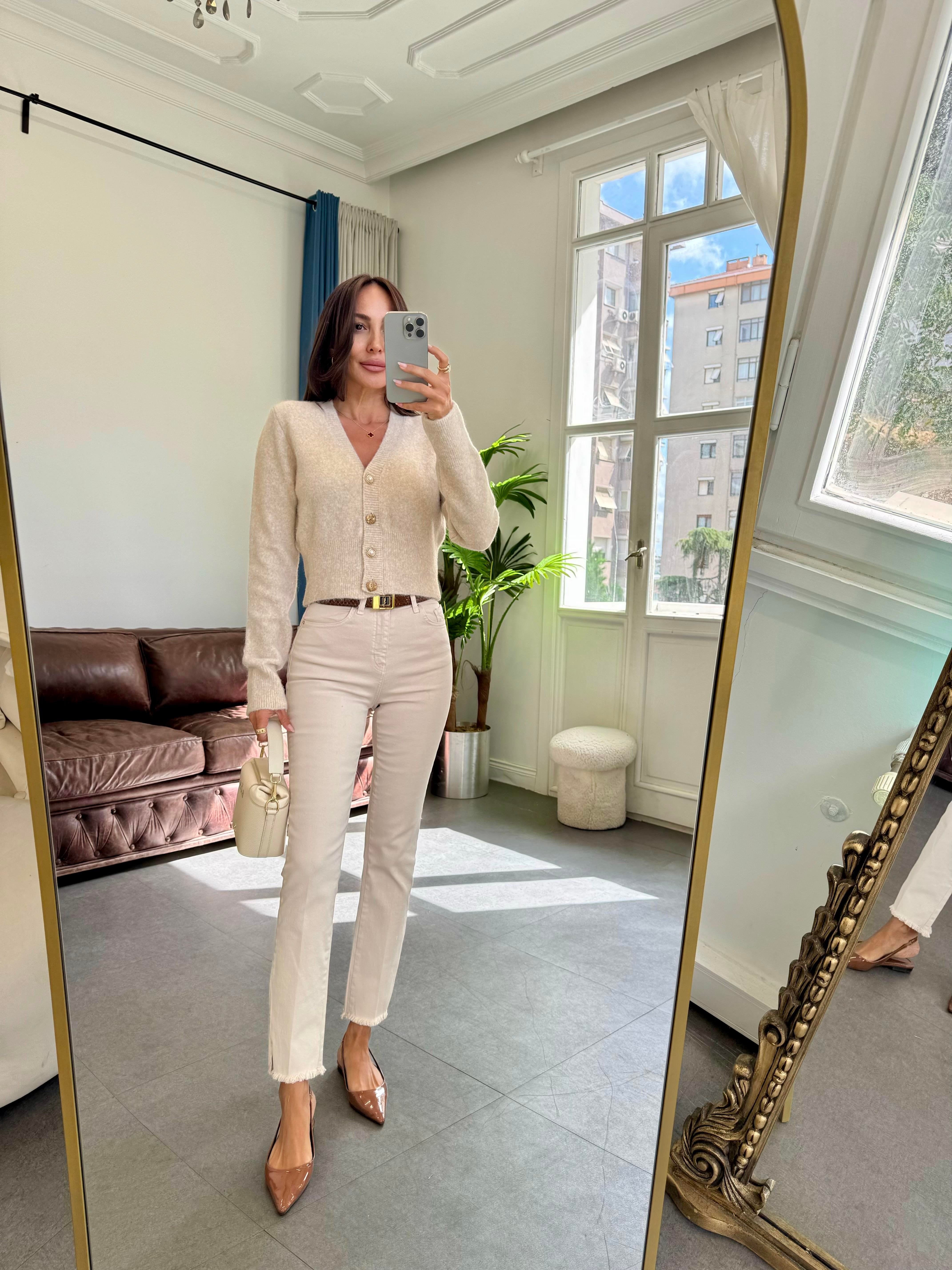 Açık Bej Melanj V Yaka Düğmeli Triko Hırka