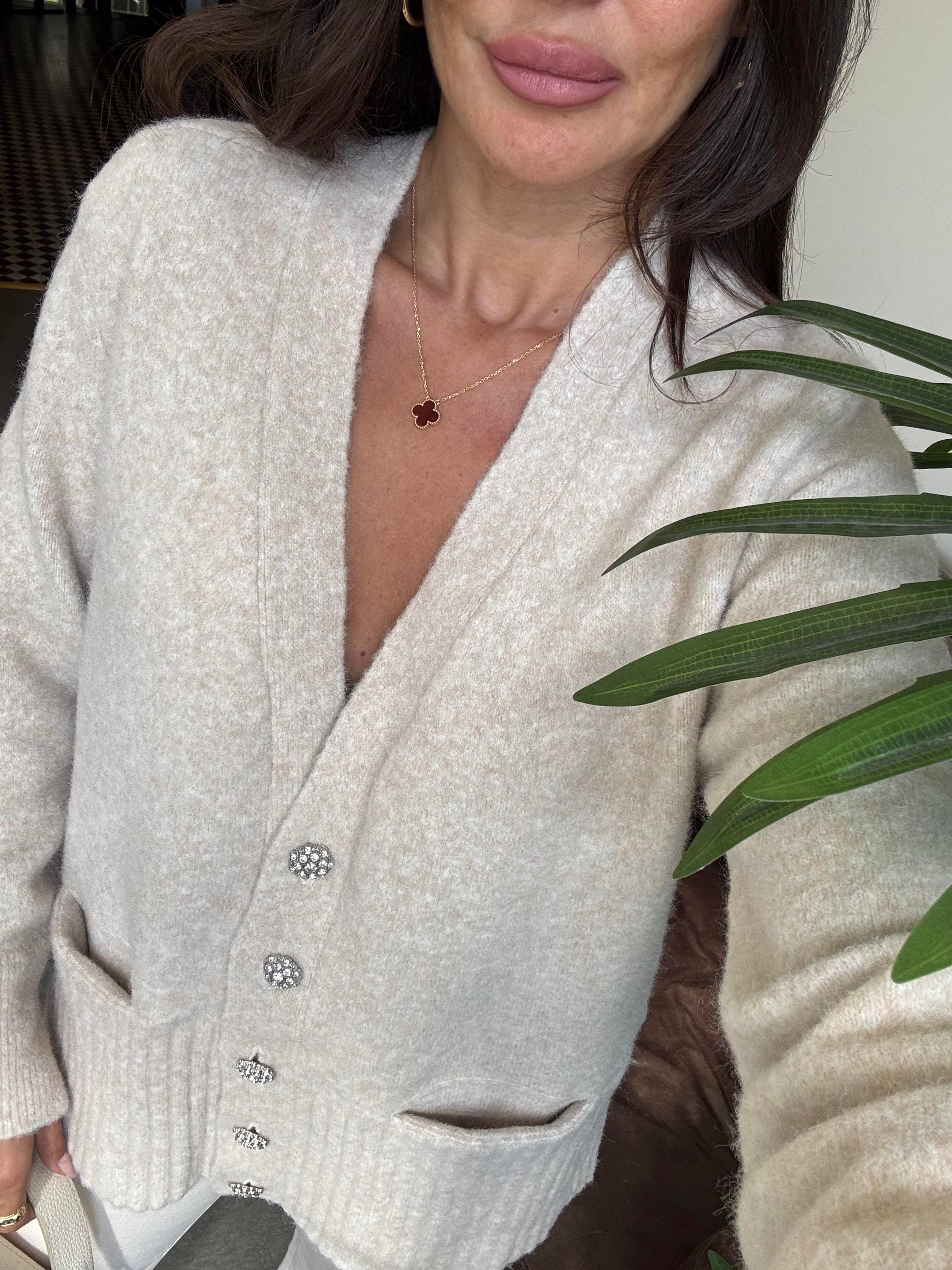 Açık Bej Melanj V Yaka Taş Düğmeli Cepli Yumuşak Dokulu Hırka