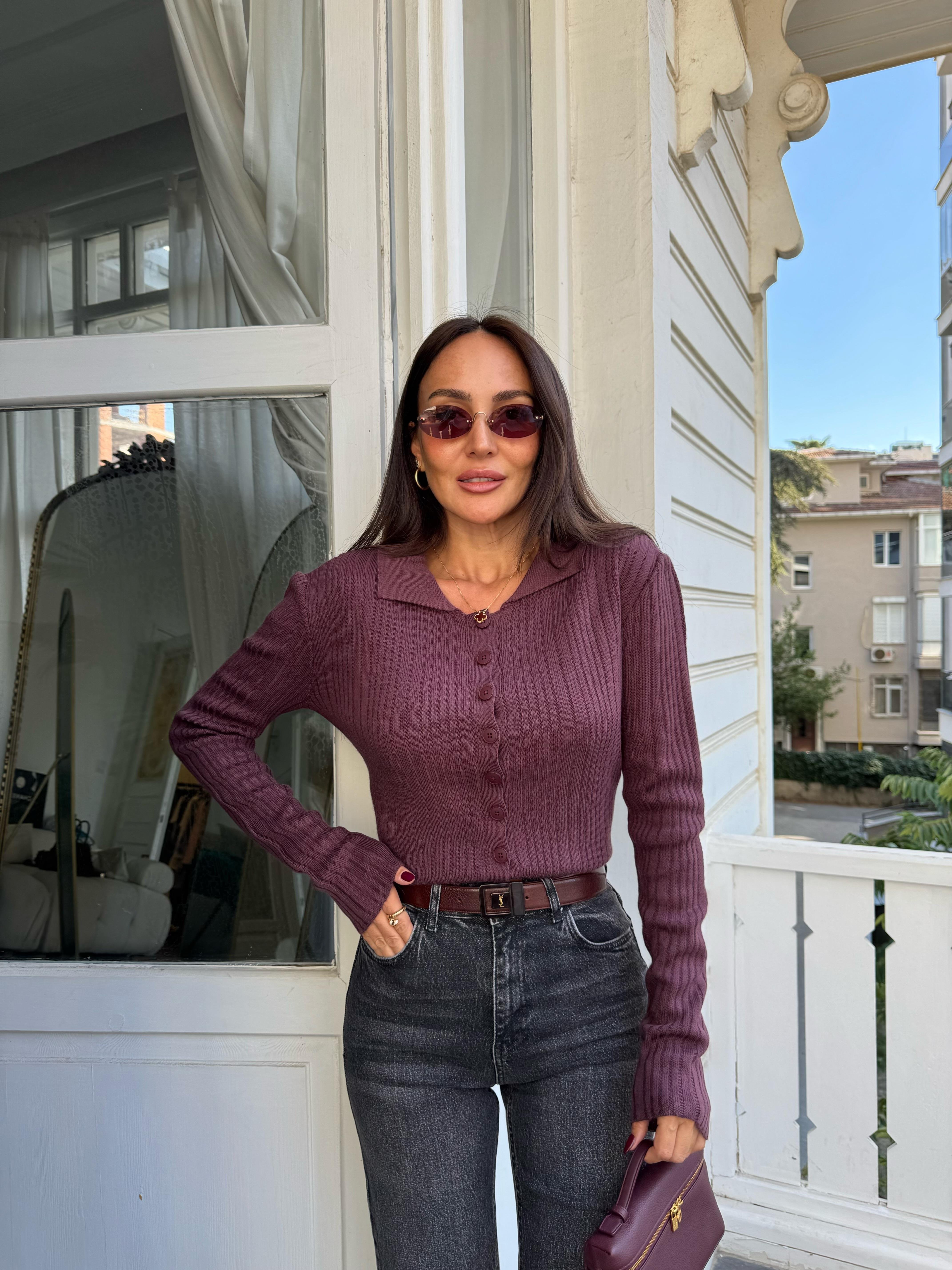 Açık Bordo Polo Yaka Hırka