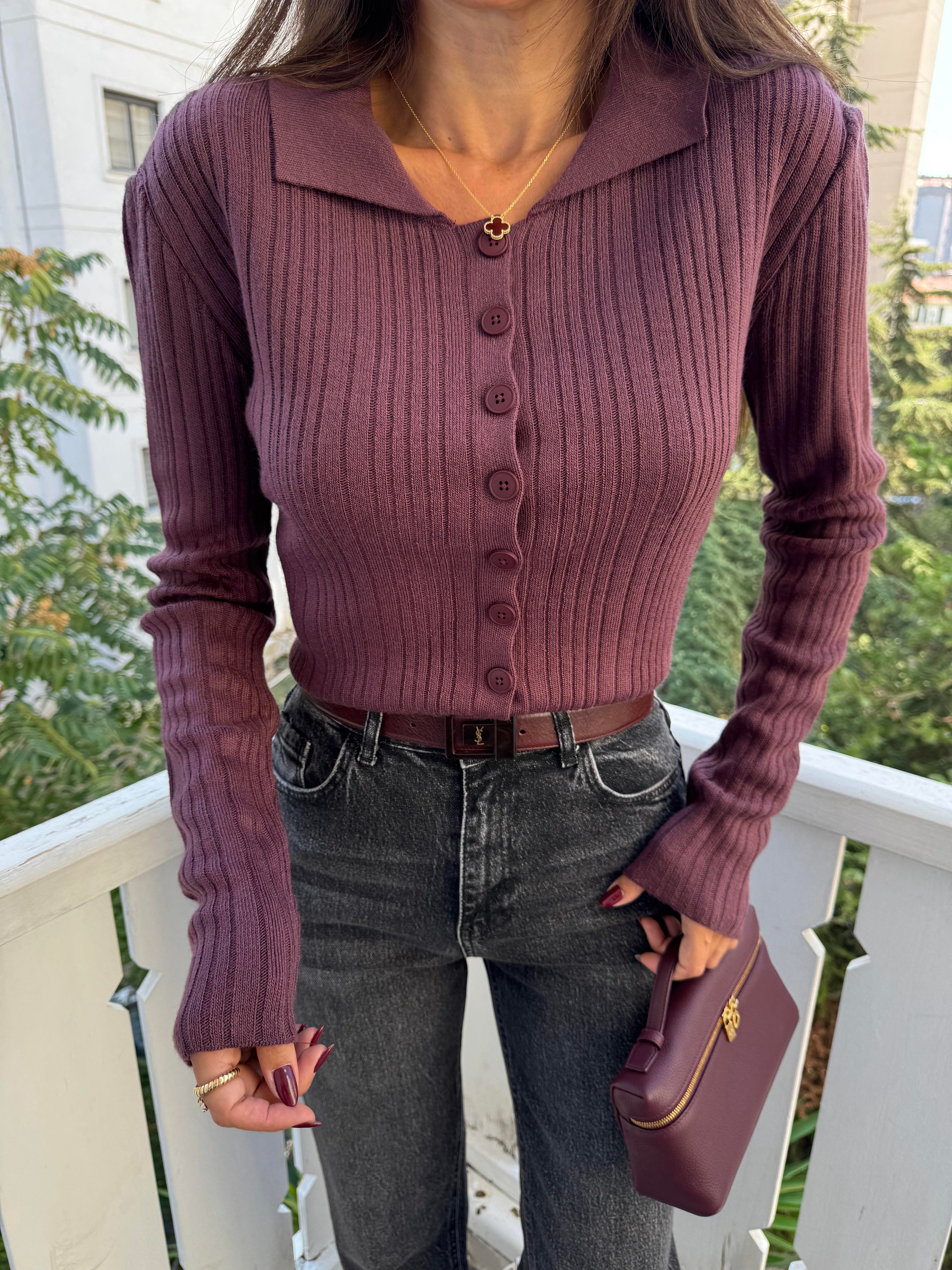 Açık Bordo Polo Yaka Hırka