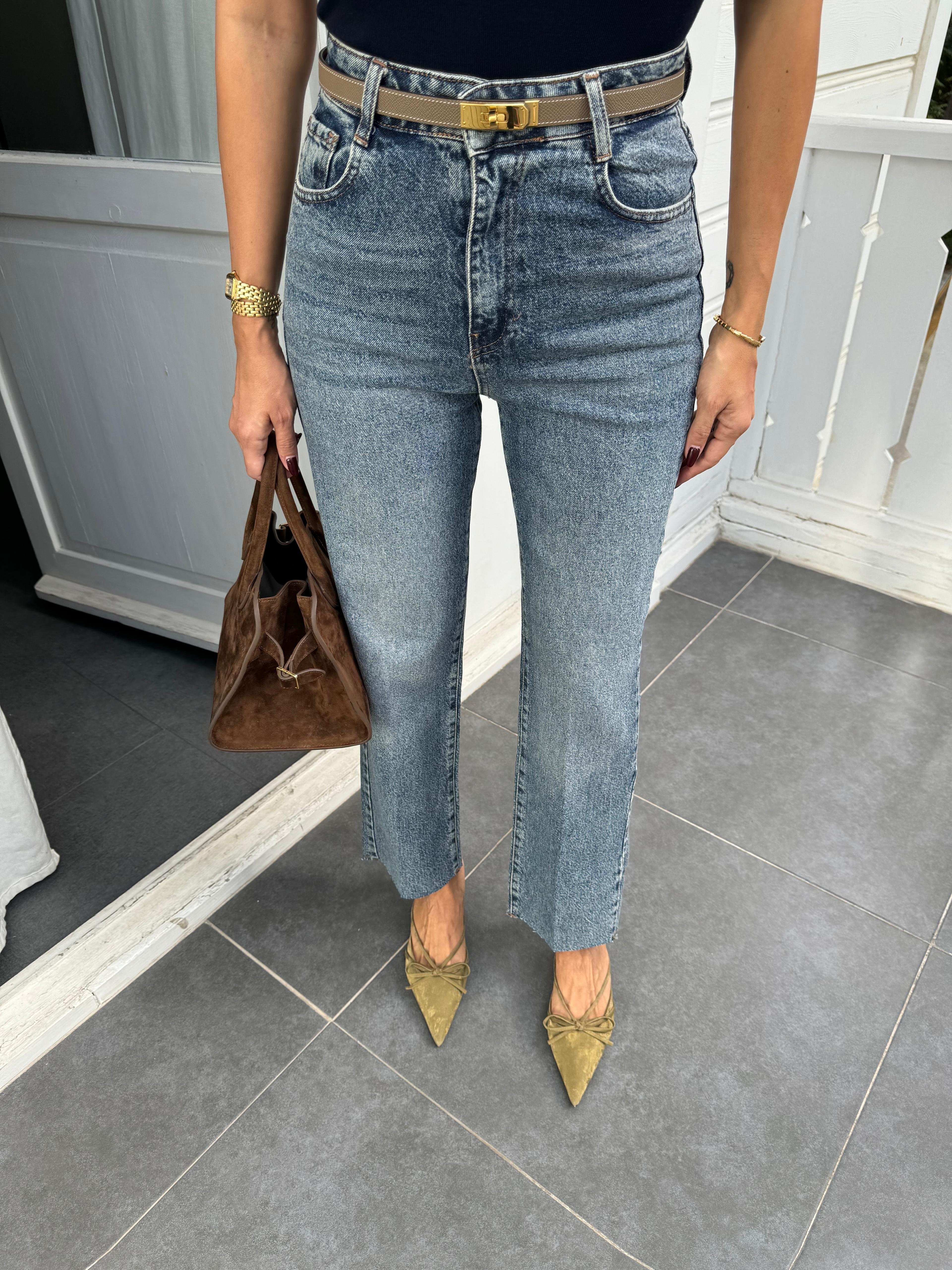 Açık Mavi Çizgi Ütü Straight Jean Pantolon