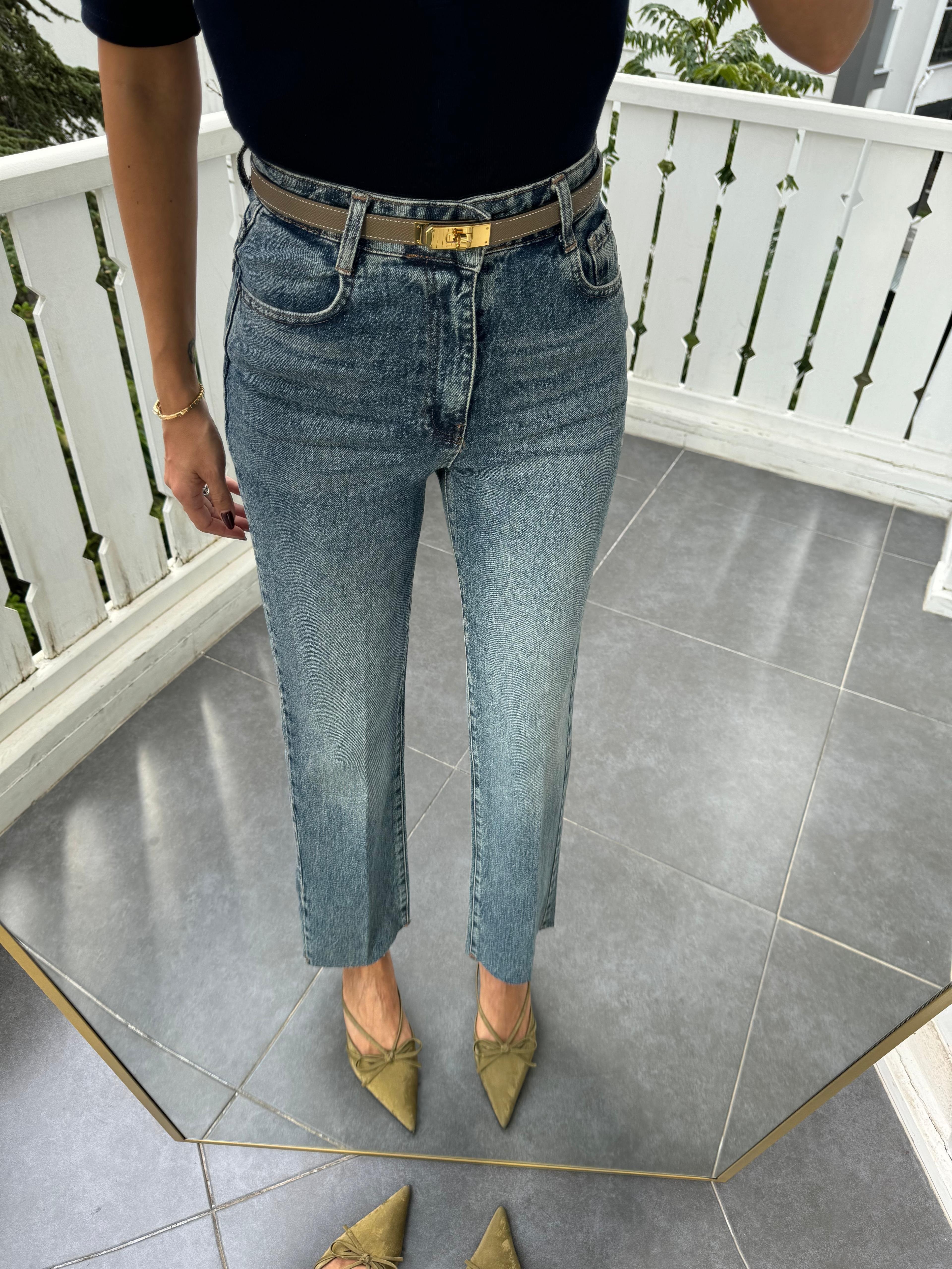 Açık Mavi Çizgi Ütü Straight Jean Pantolon