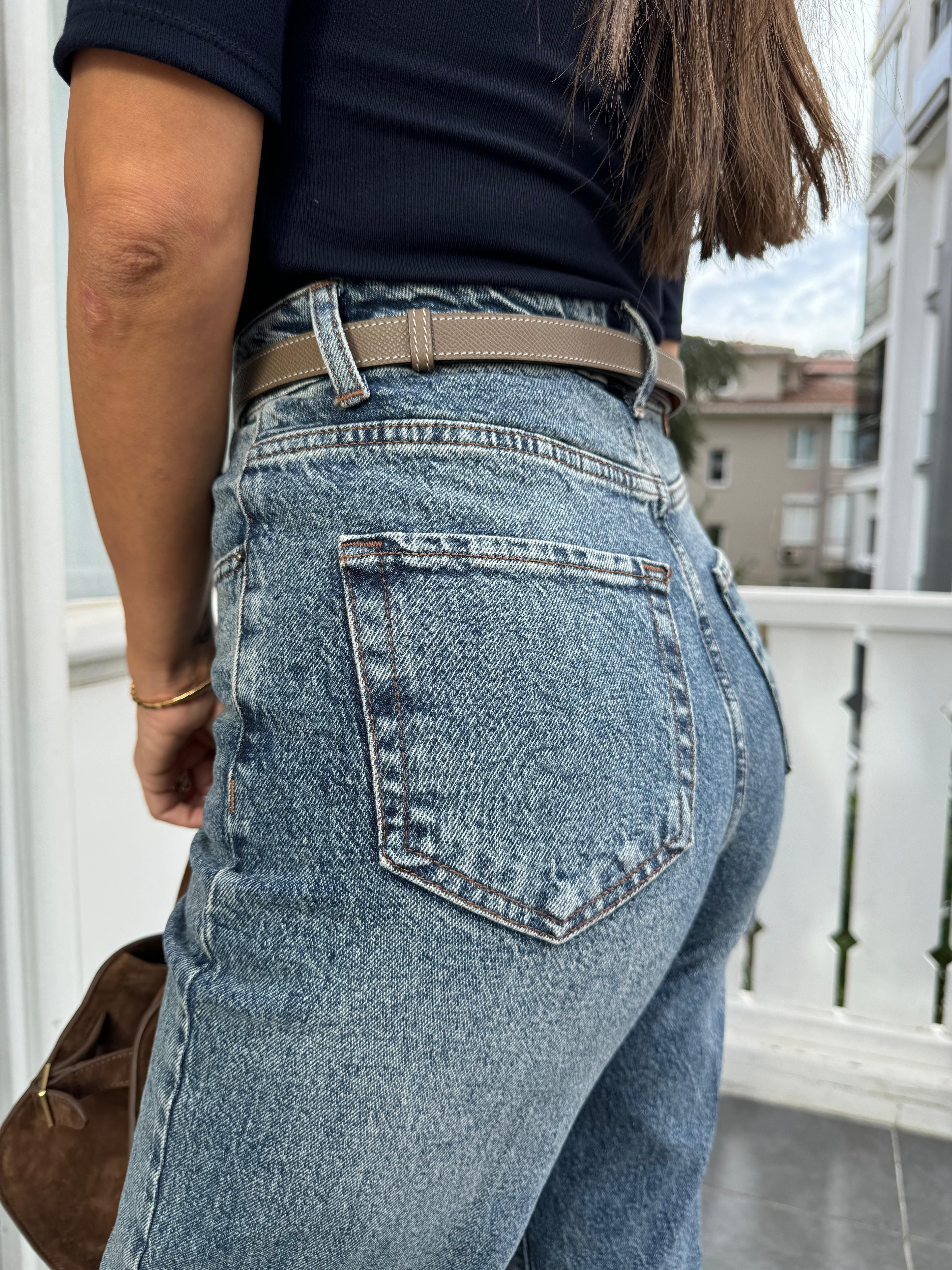 Açık Mavi Çizgi Ütü Straight Jean Pantolon
