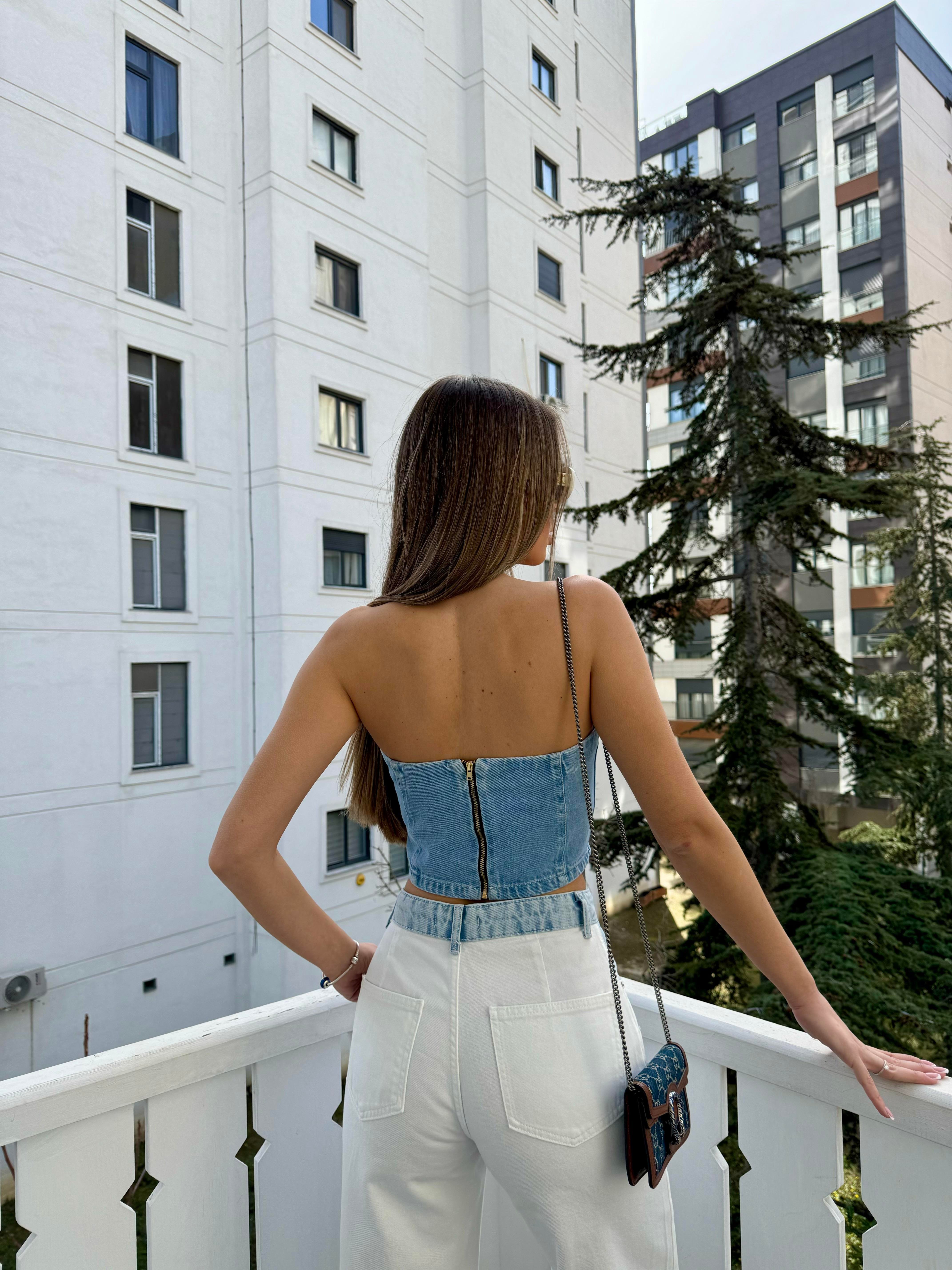 Açık Mavi Jean Straplez Büstiyer