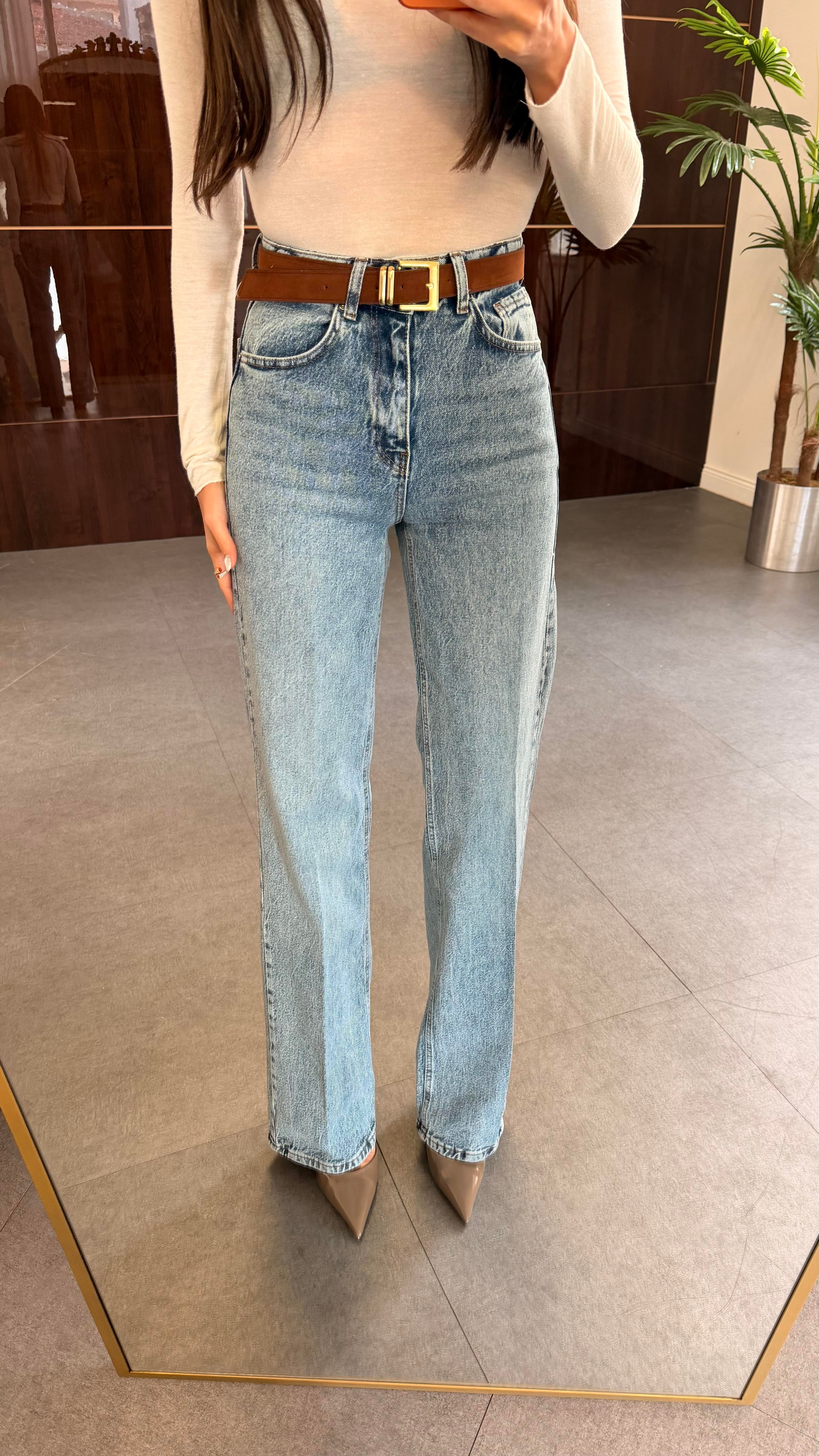 Açık Mavi Süet Kemerli Wide-Leg Jean Pantolon