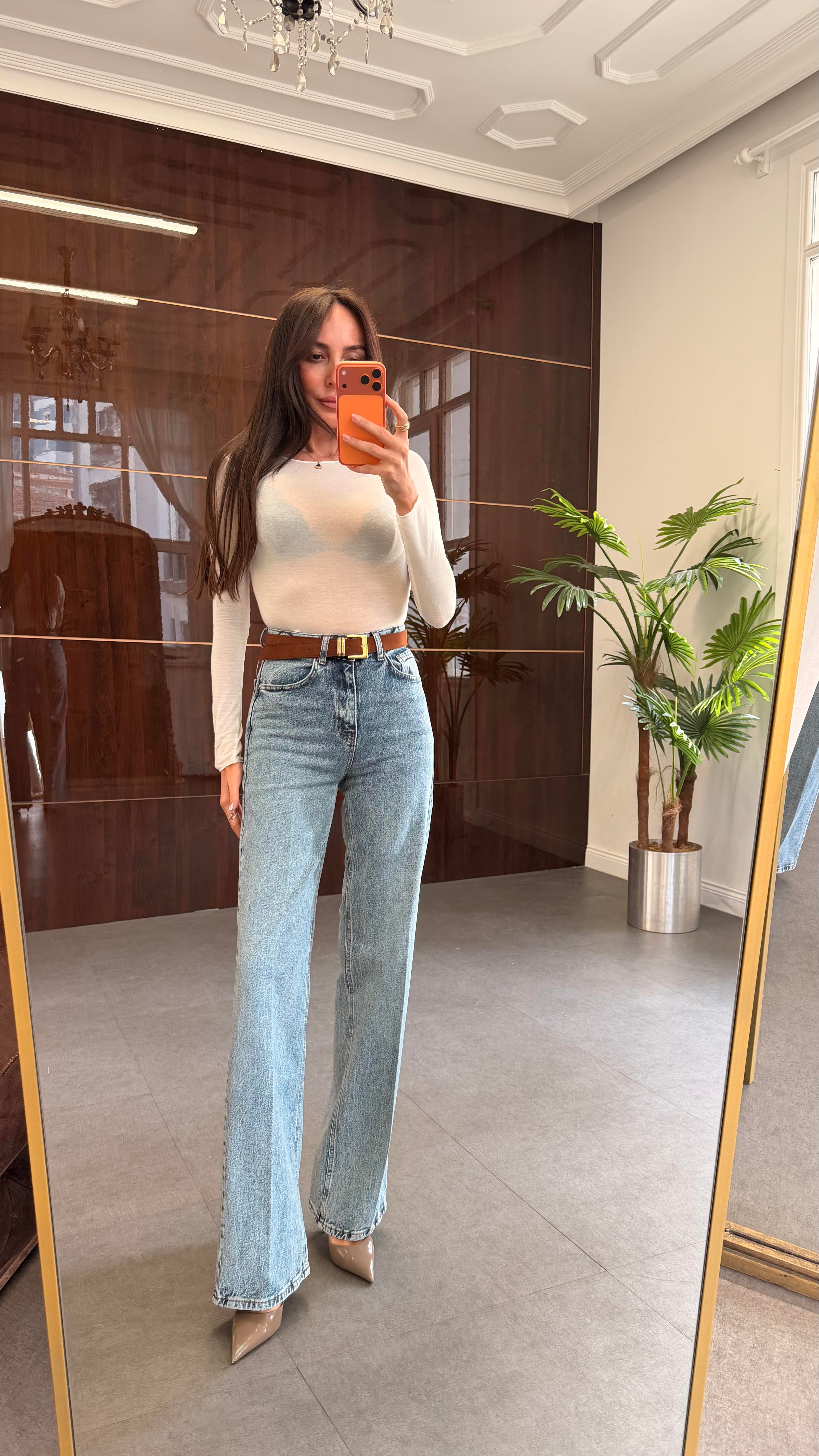 Açık Mavi Süet Kemerli Wide-Leg Jean Pantolon