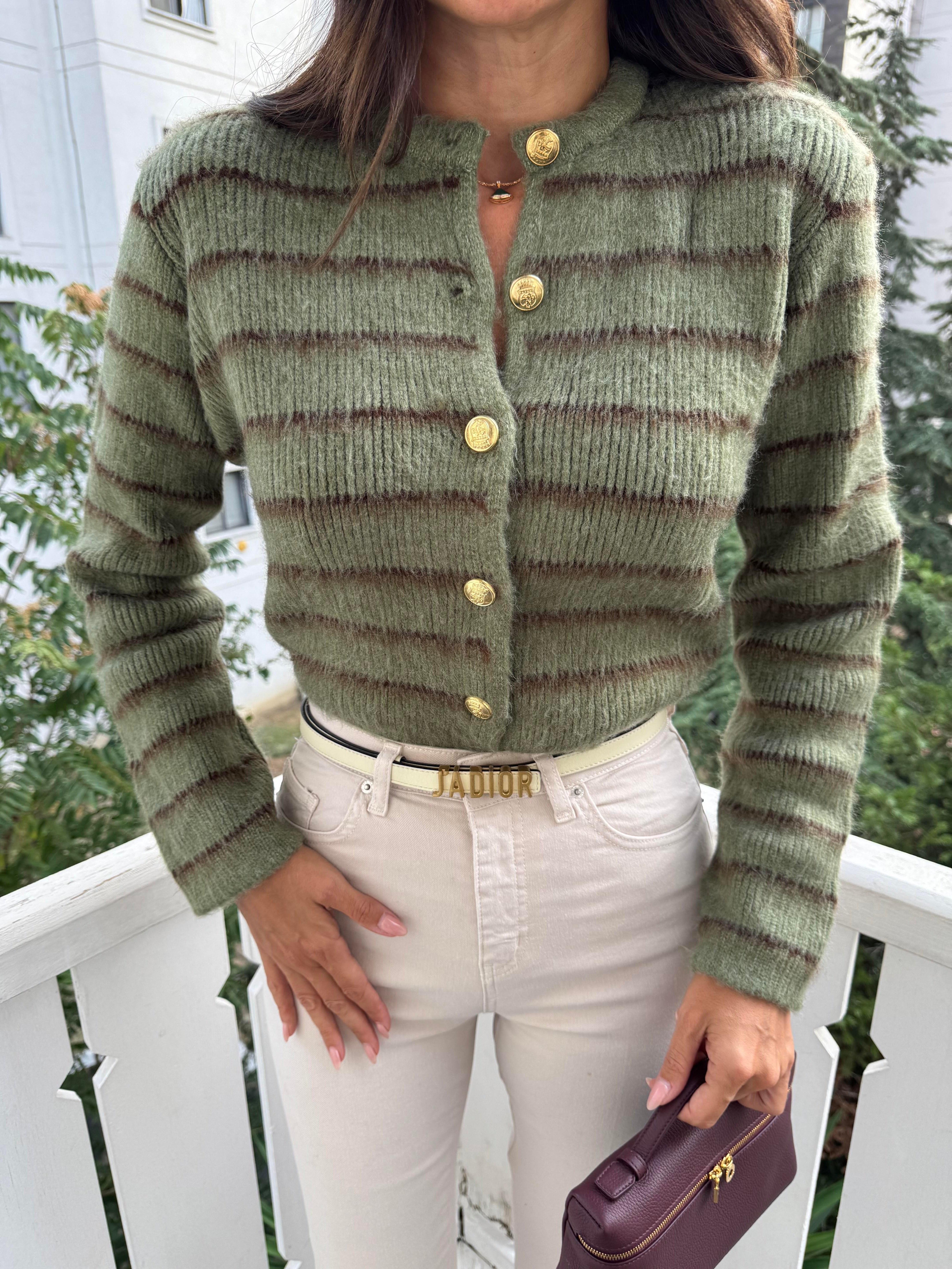 Açık Yeşil-Acı Kahve Şardonlu İnce Çizgili Hırka