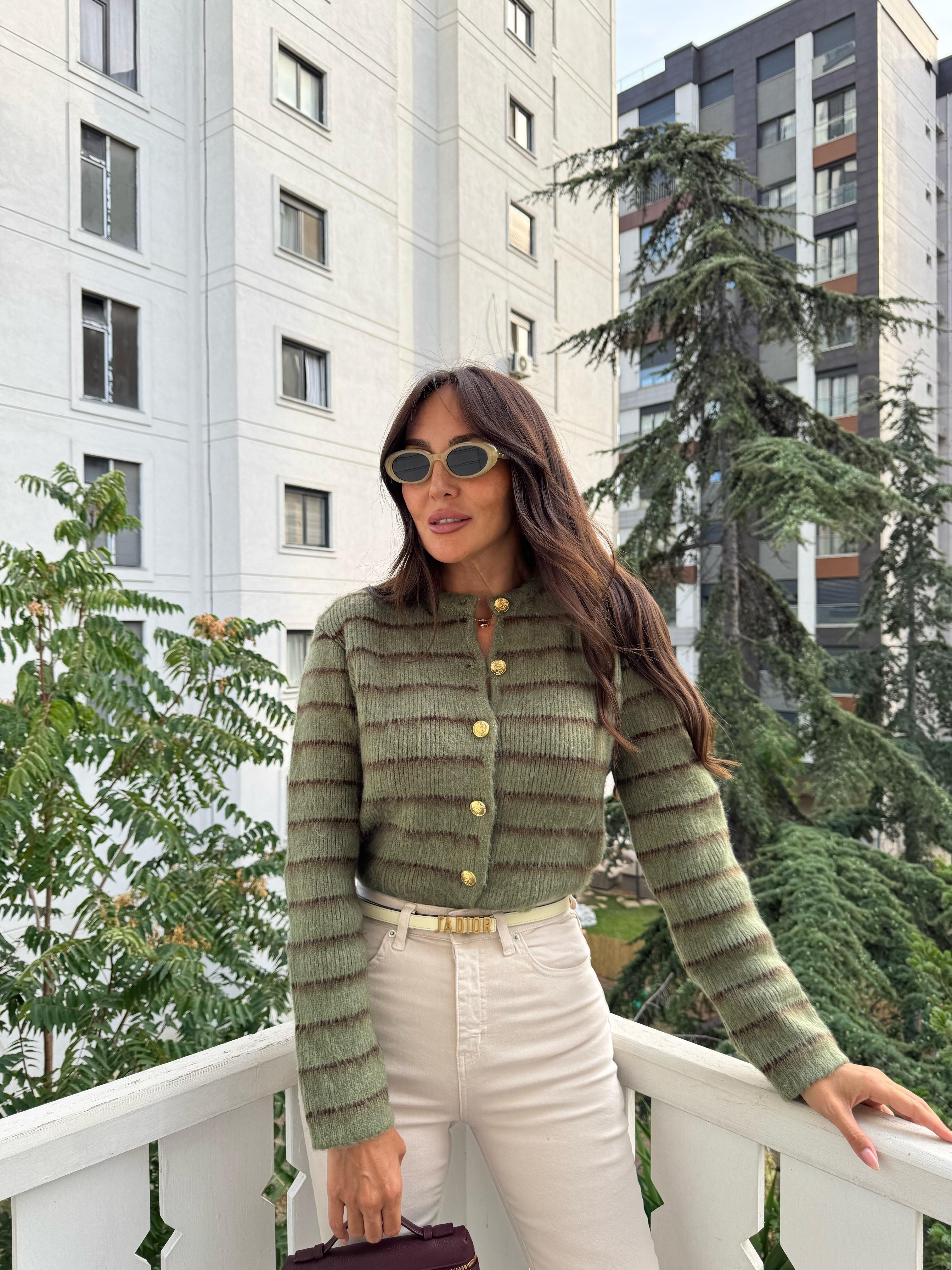 Açık Yeşil-Acı Kahve Şardonlu İnce Çizgili Hırka