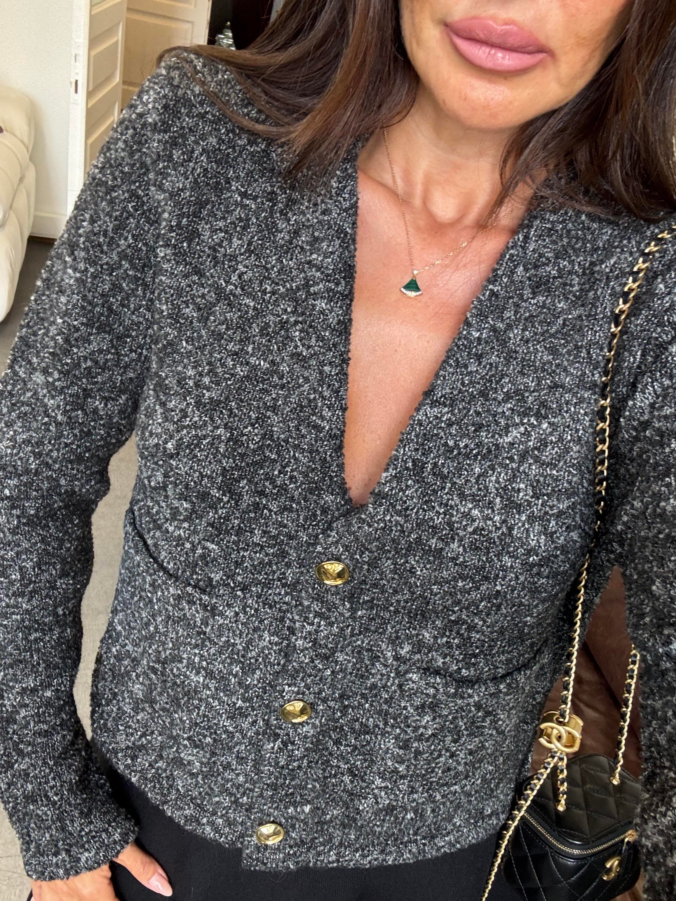 Antrasit Bisiklet Yaka Pullu Simli Düğmeli Triko Hırka