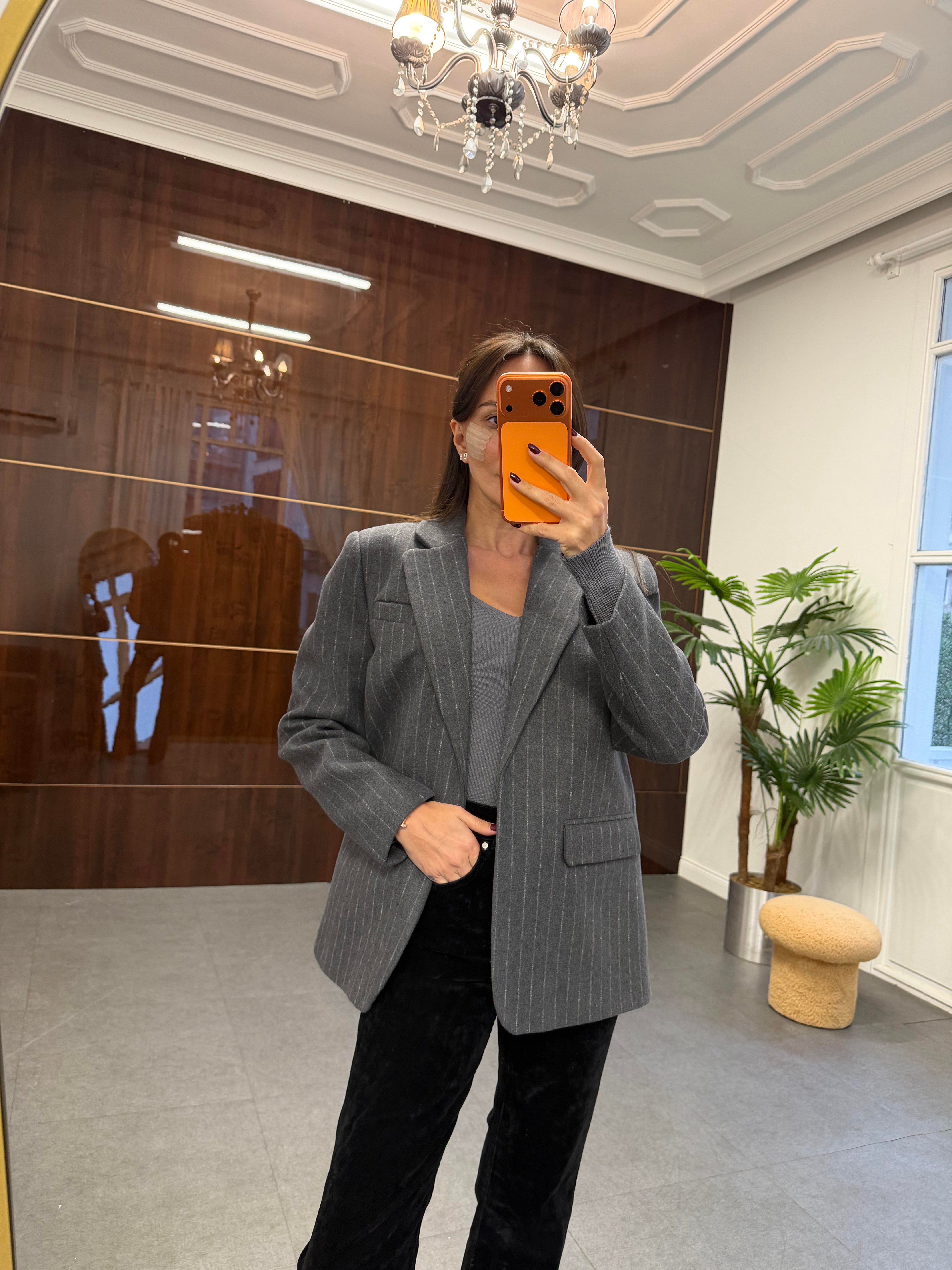 Antrasit Çizgili Kemerli Blazer Ceket