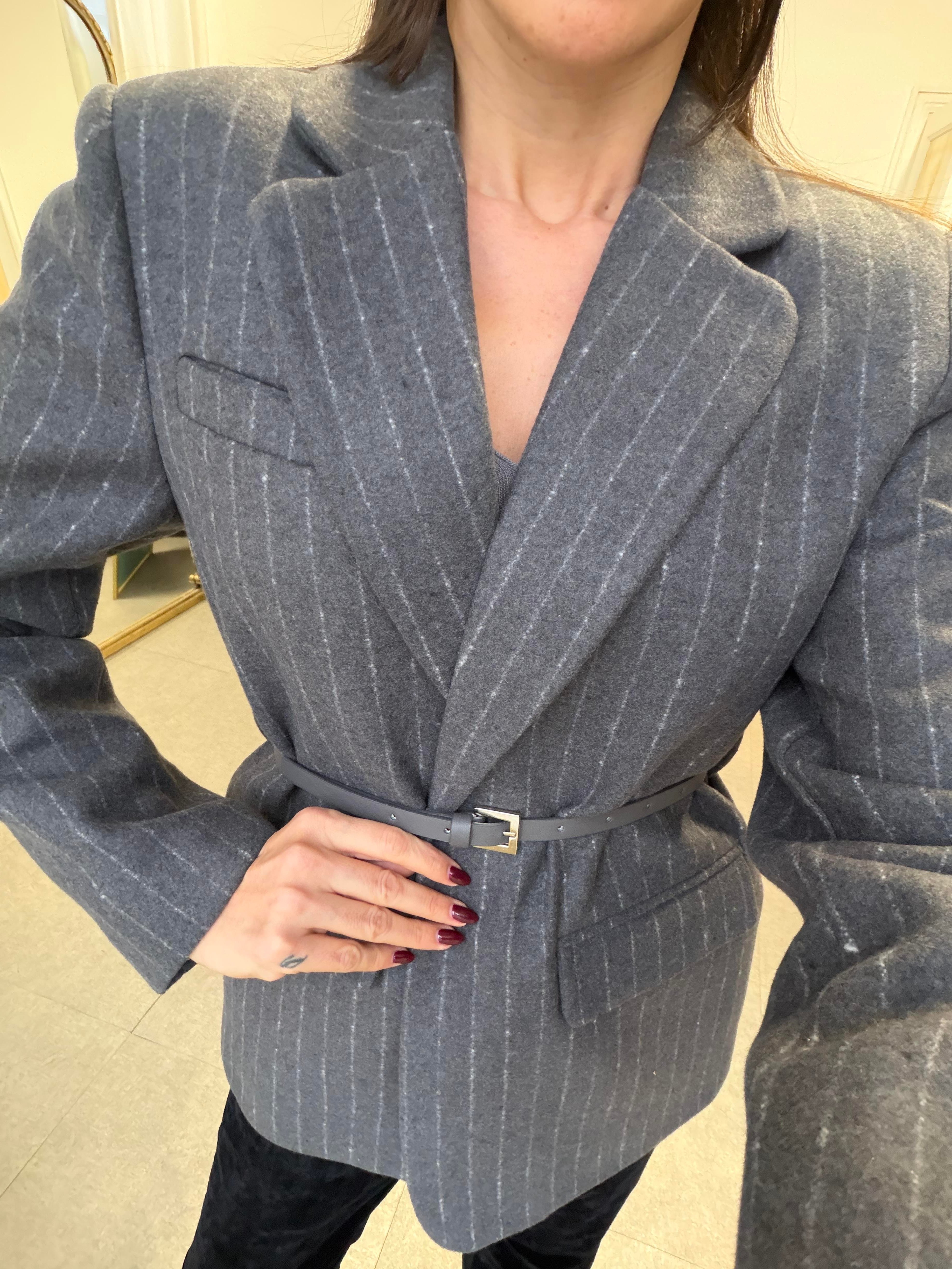 Antrasit Çizgili Kemerli Blazer Ceket