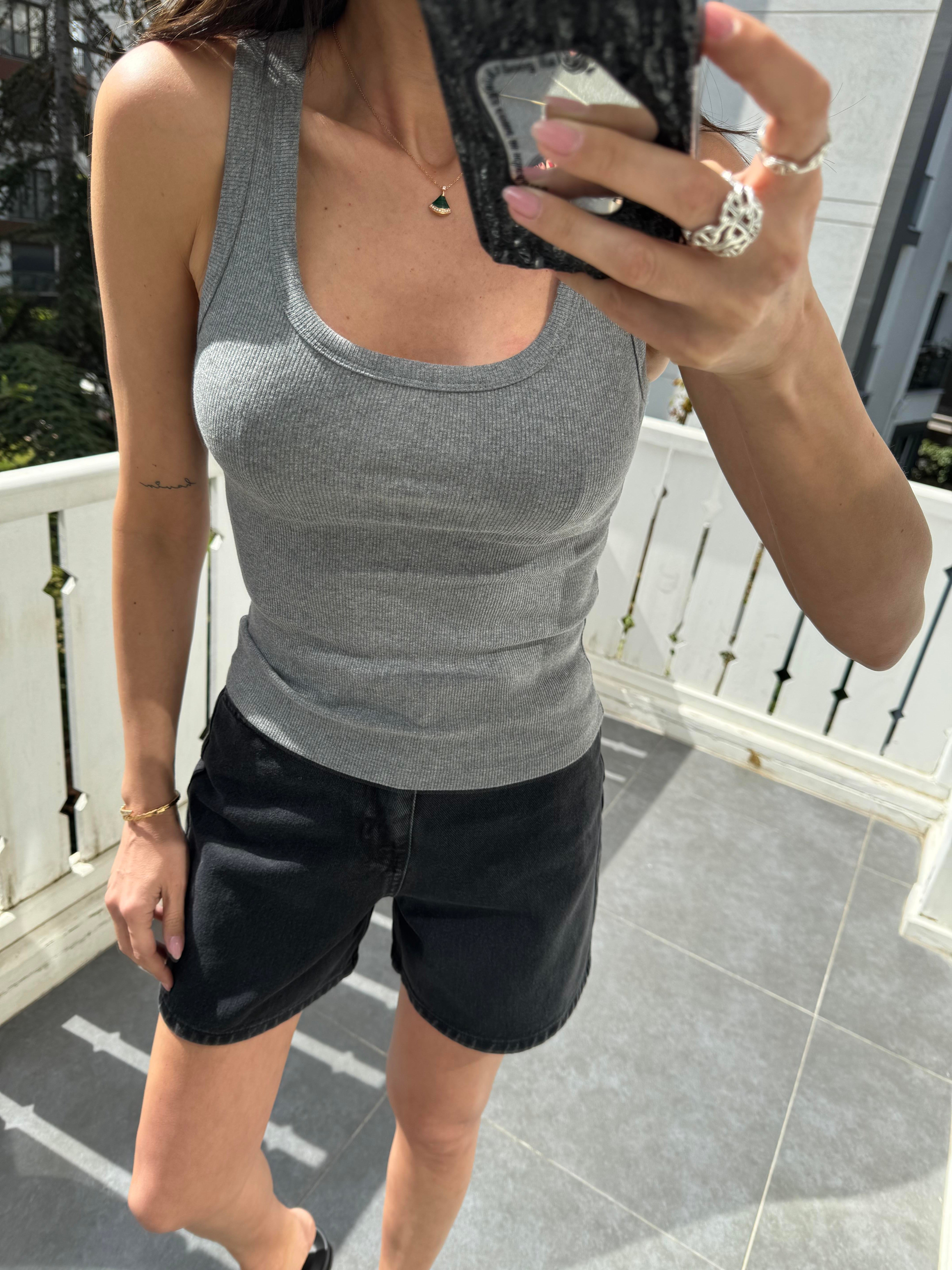 Antrasit Fitilli Kalın Askılı Atlet Bluz