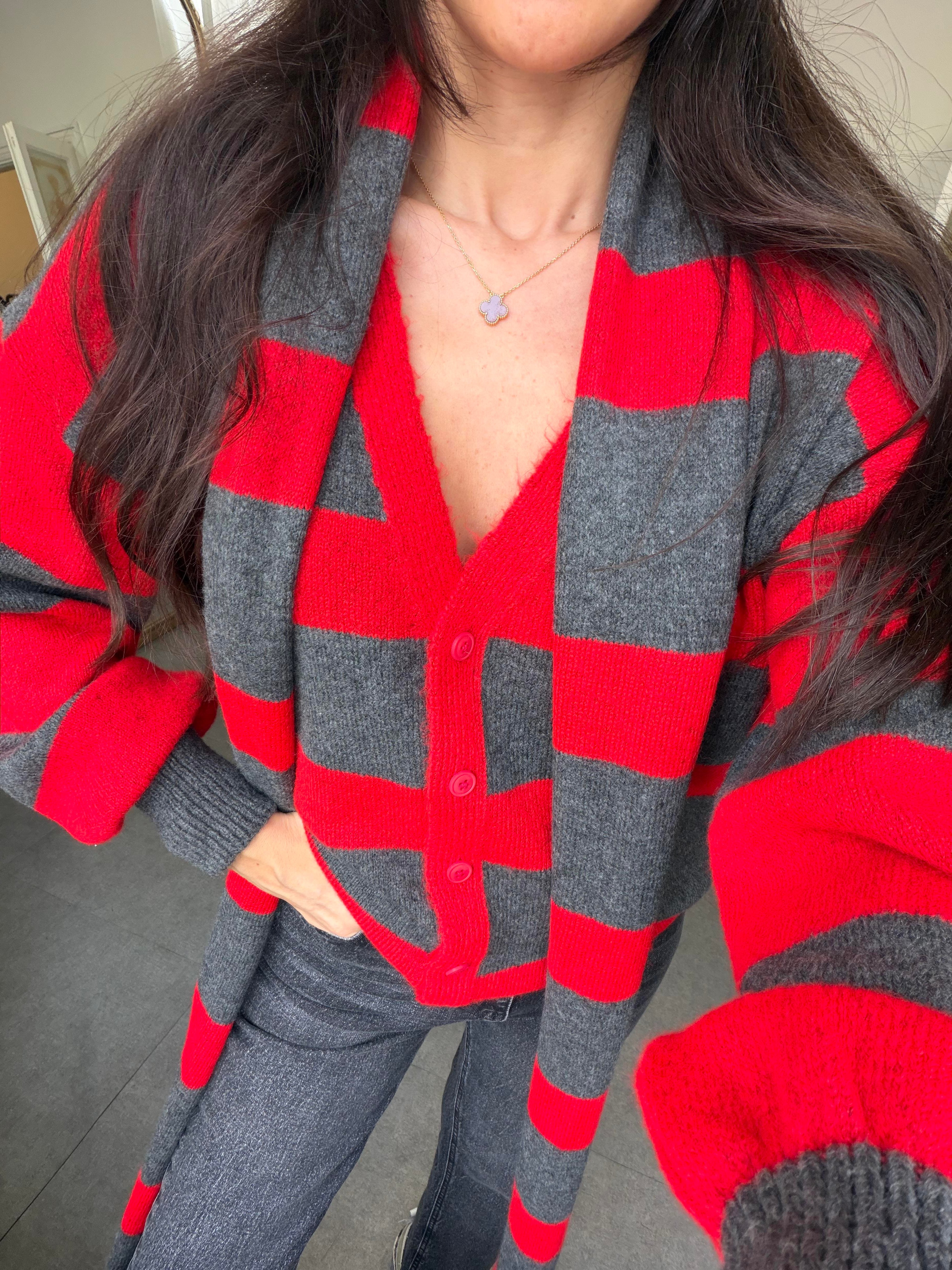 Antrasit-Kırmızı Atkılı Triko Hırka