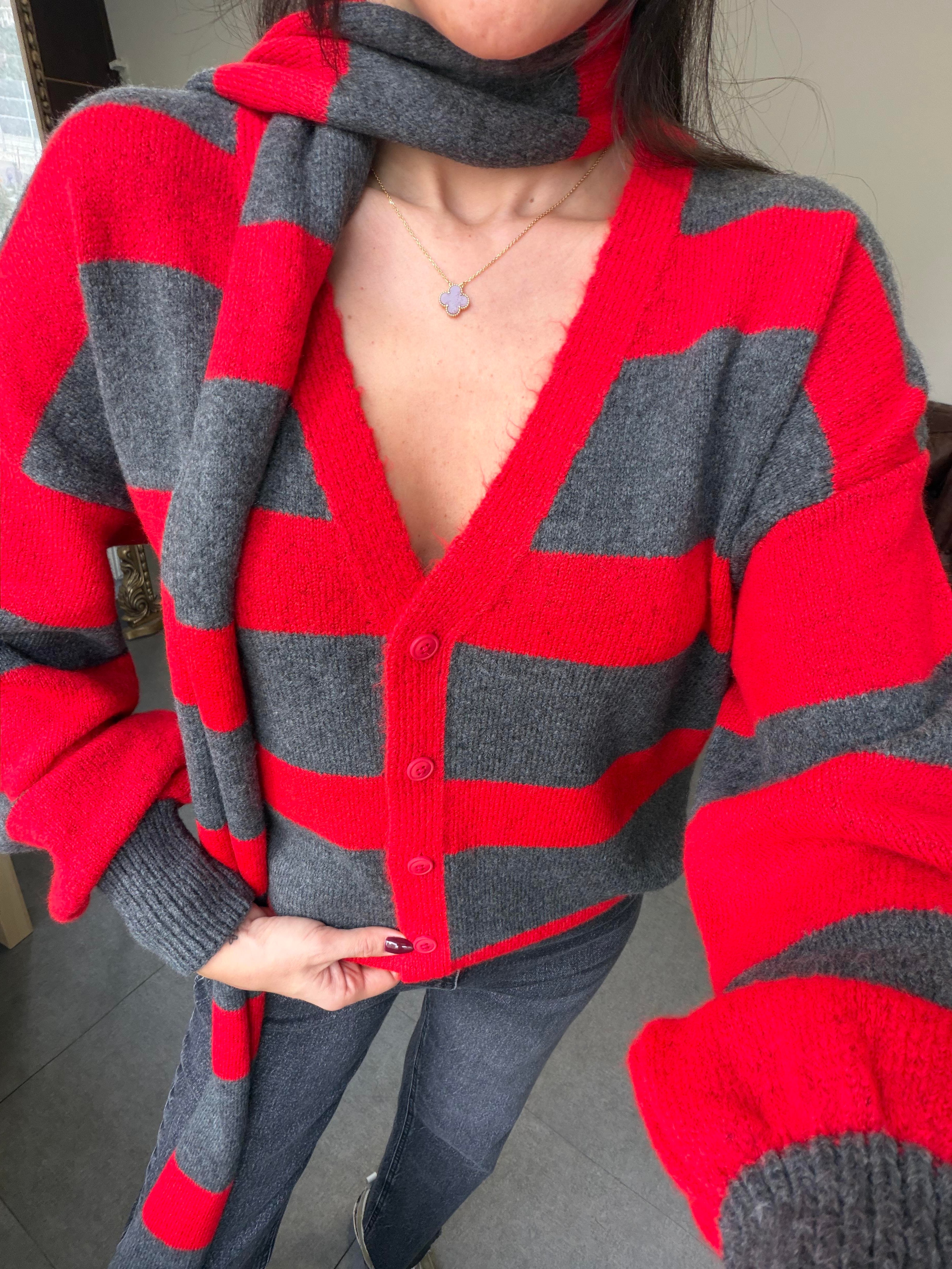 Antrasit-Kırmızı Atkılı Triko Hırka