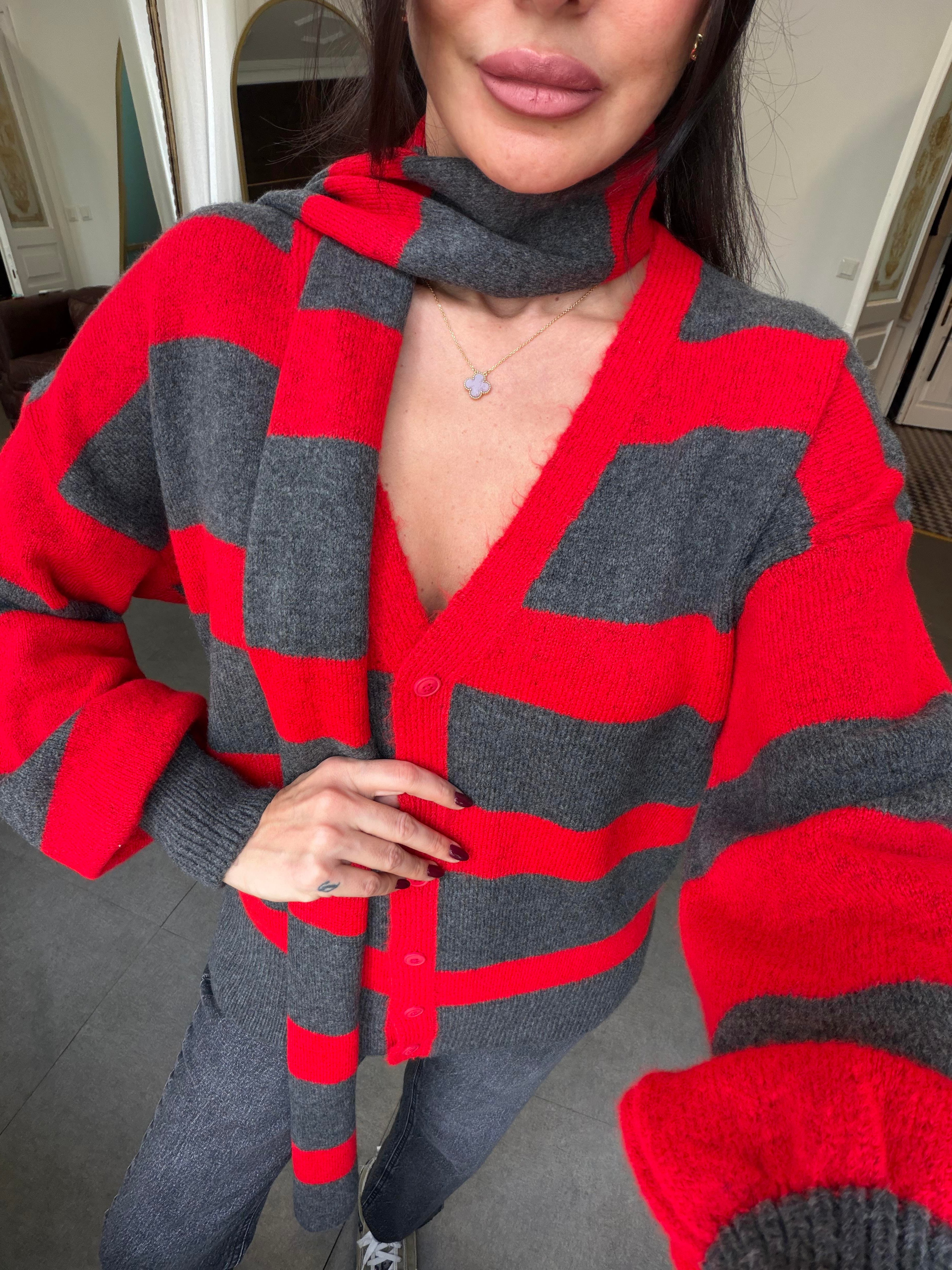 Antrasit-Kırmızı Atkılı Triko Hırka