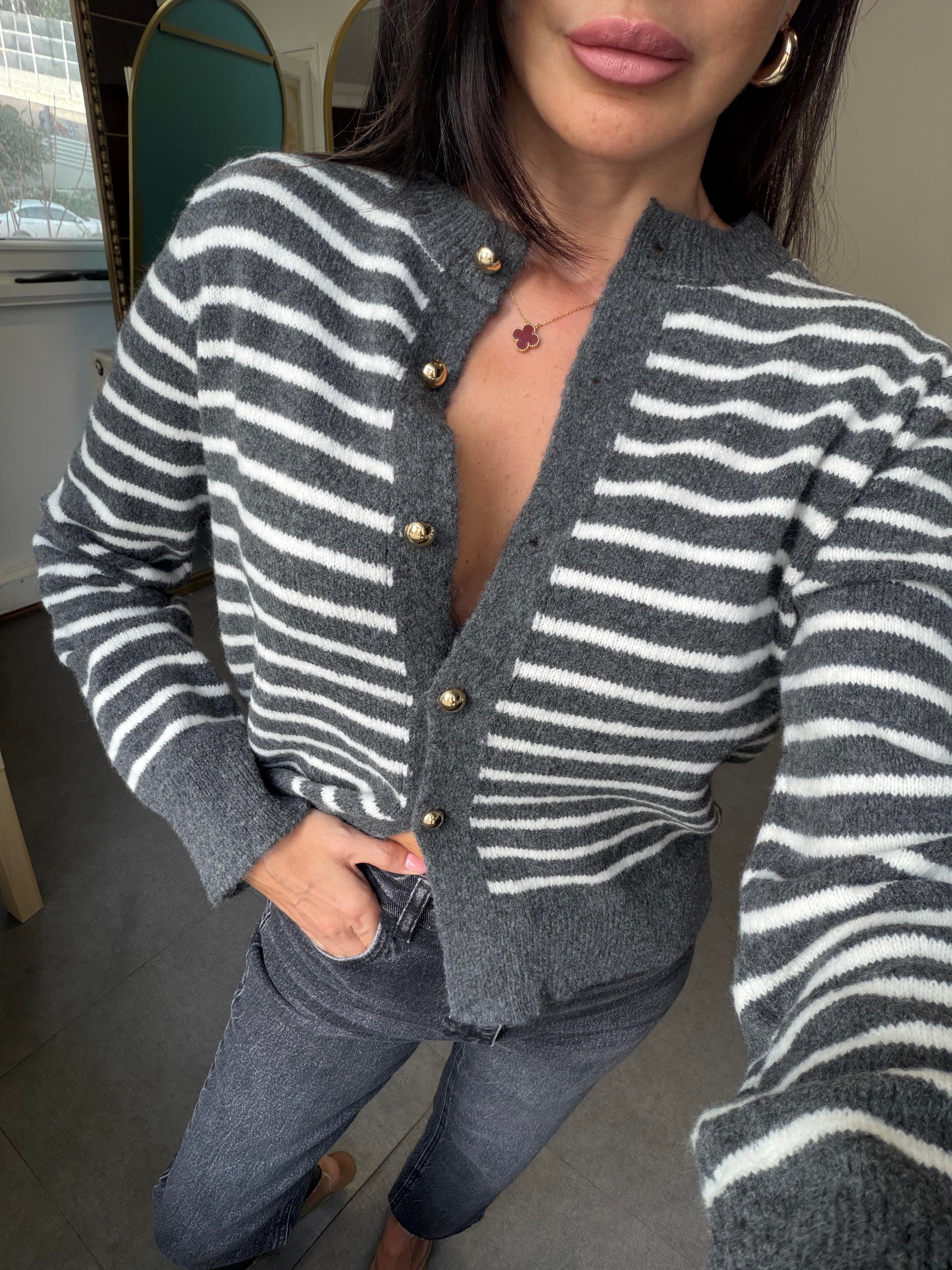 Antrasit-Krem İnce Çizgili Hırka