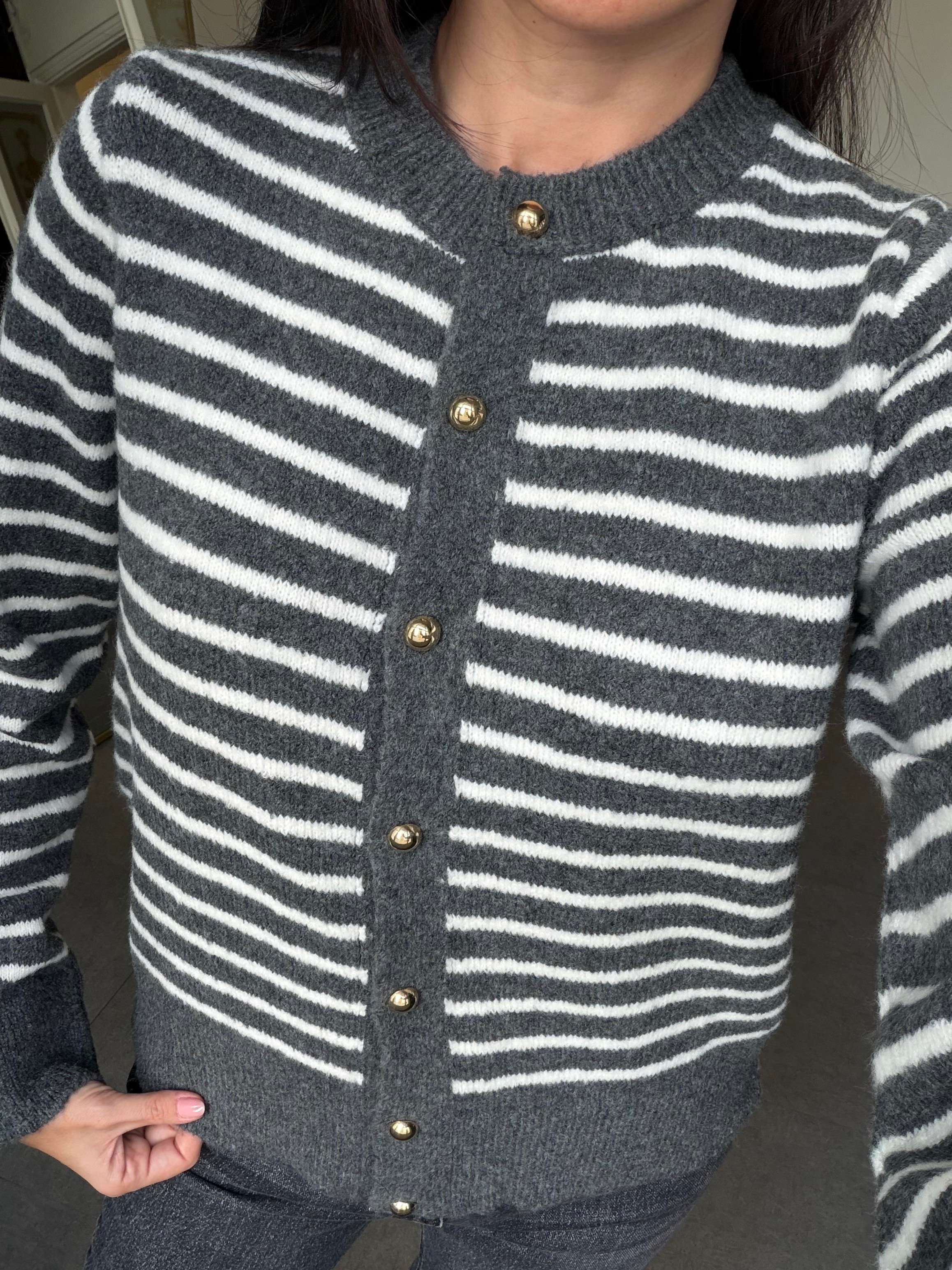 Antrasit-Krem İnce Çizgili Hırka