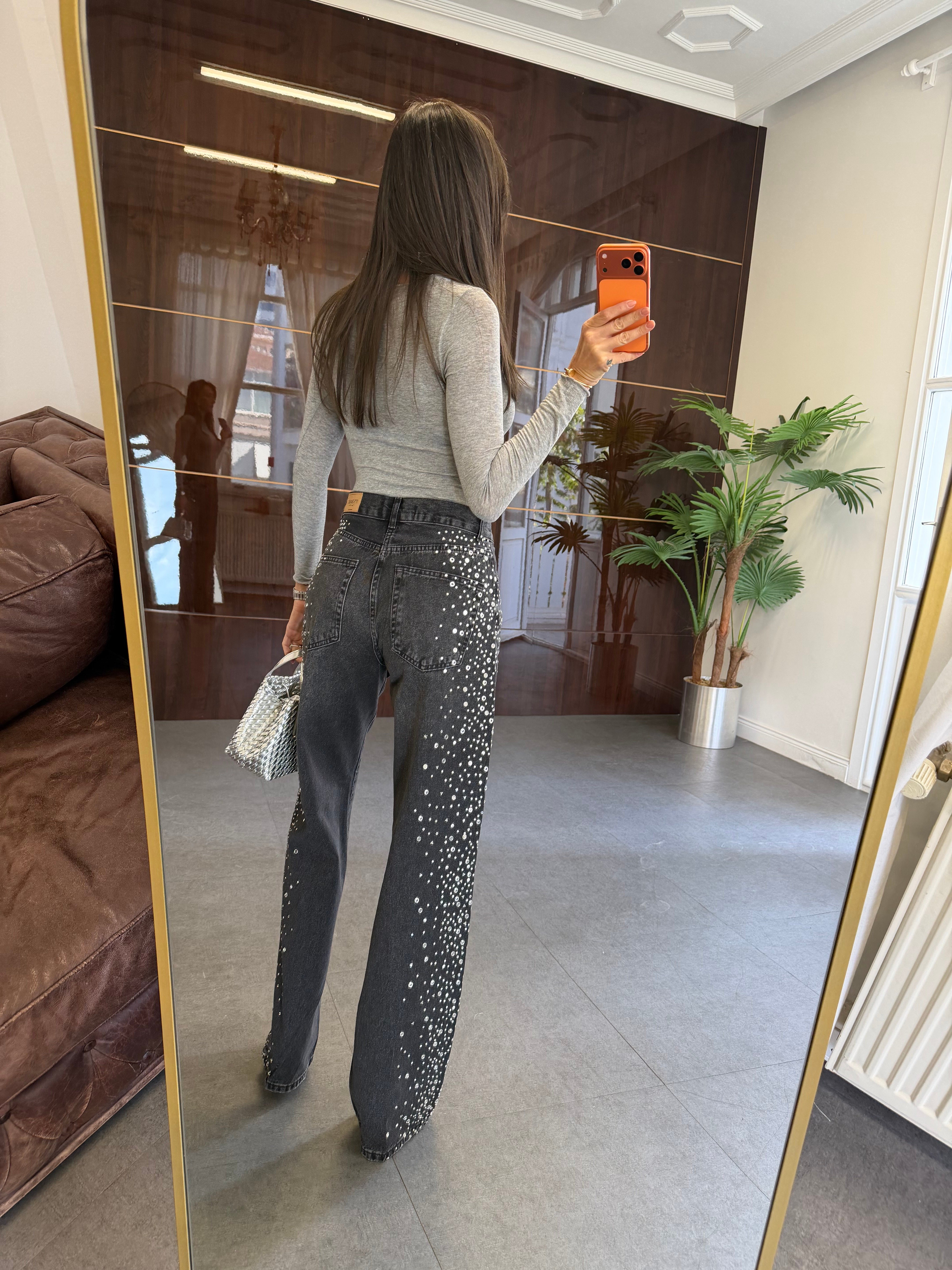 Antrasit Taş Detay Wide Leg Jean Pantolon