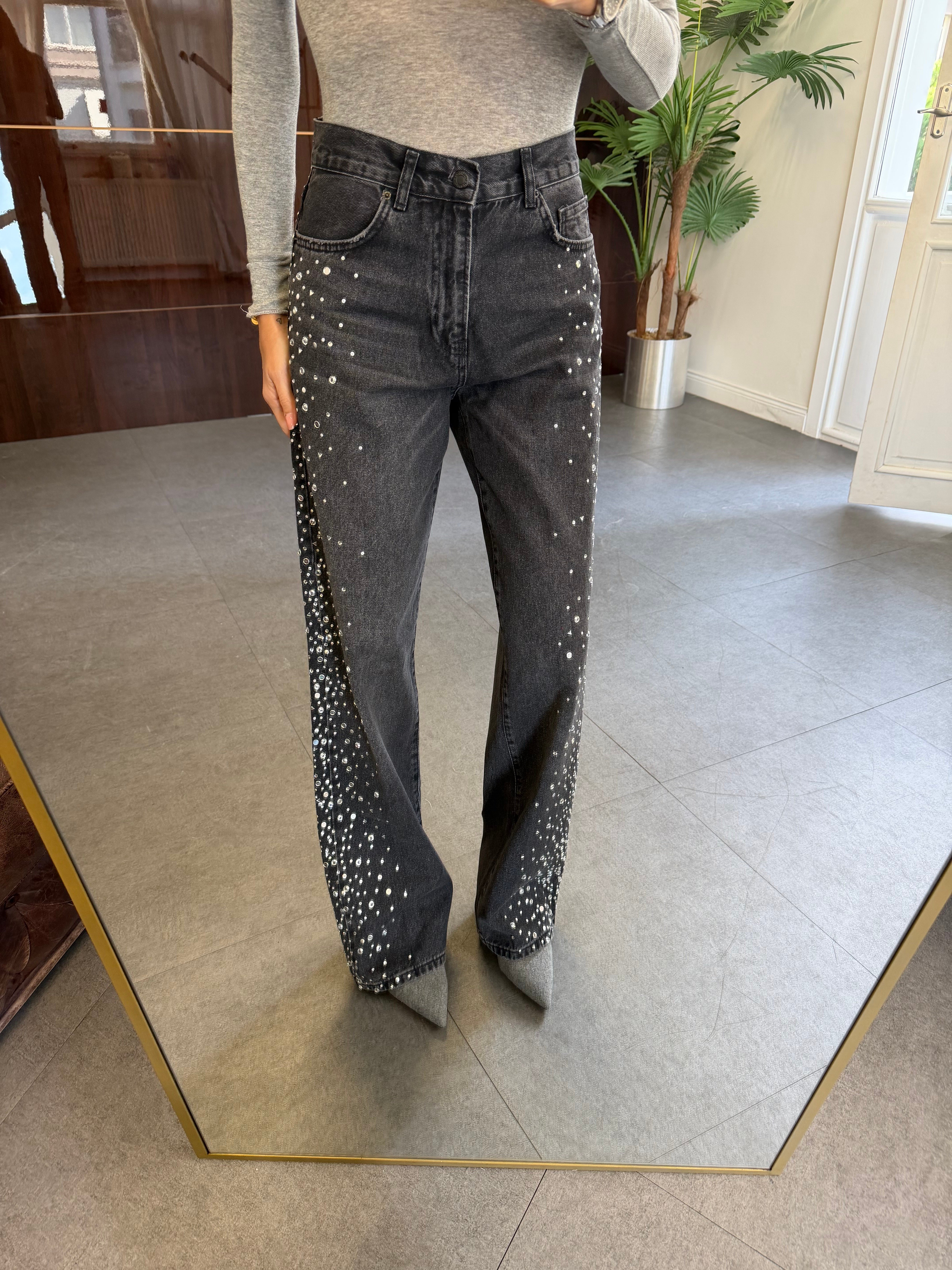 Antrasit Taş Detay Wide Leg Jean Pantolon