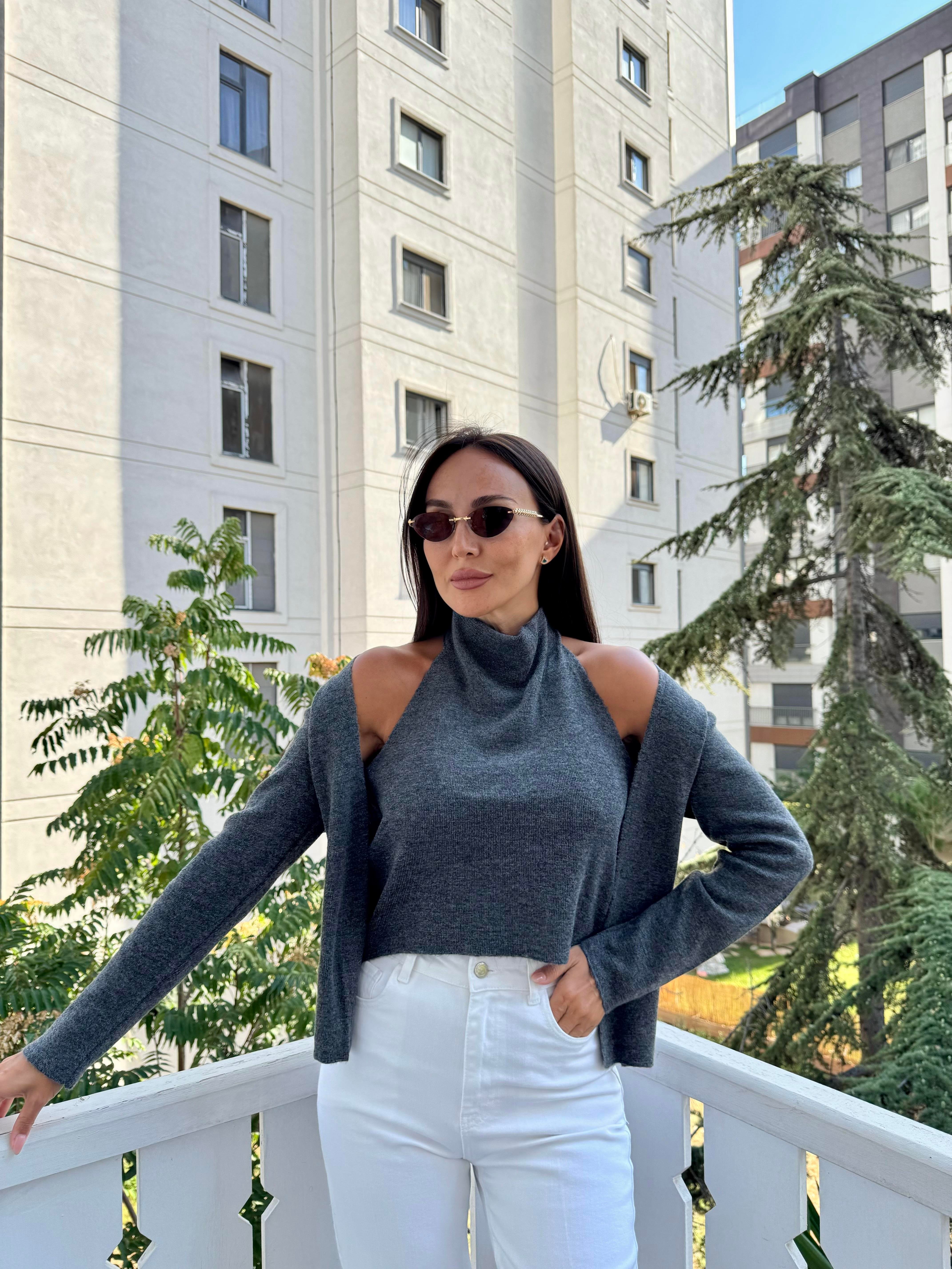 Antrasit Tasarım Bluzlu Hırka