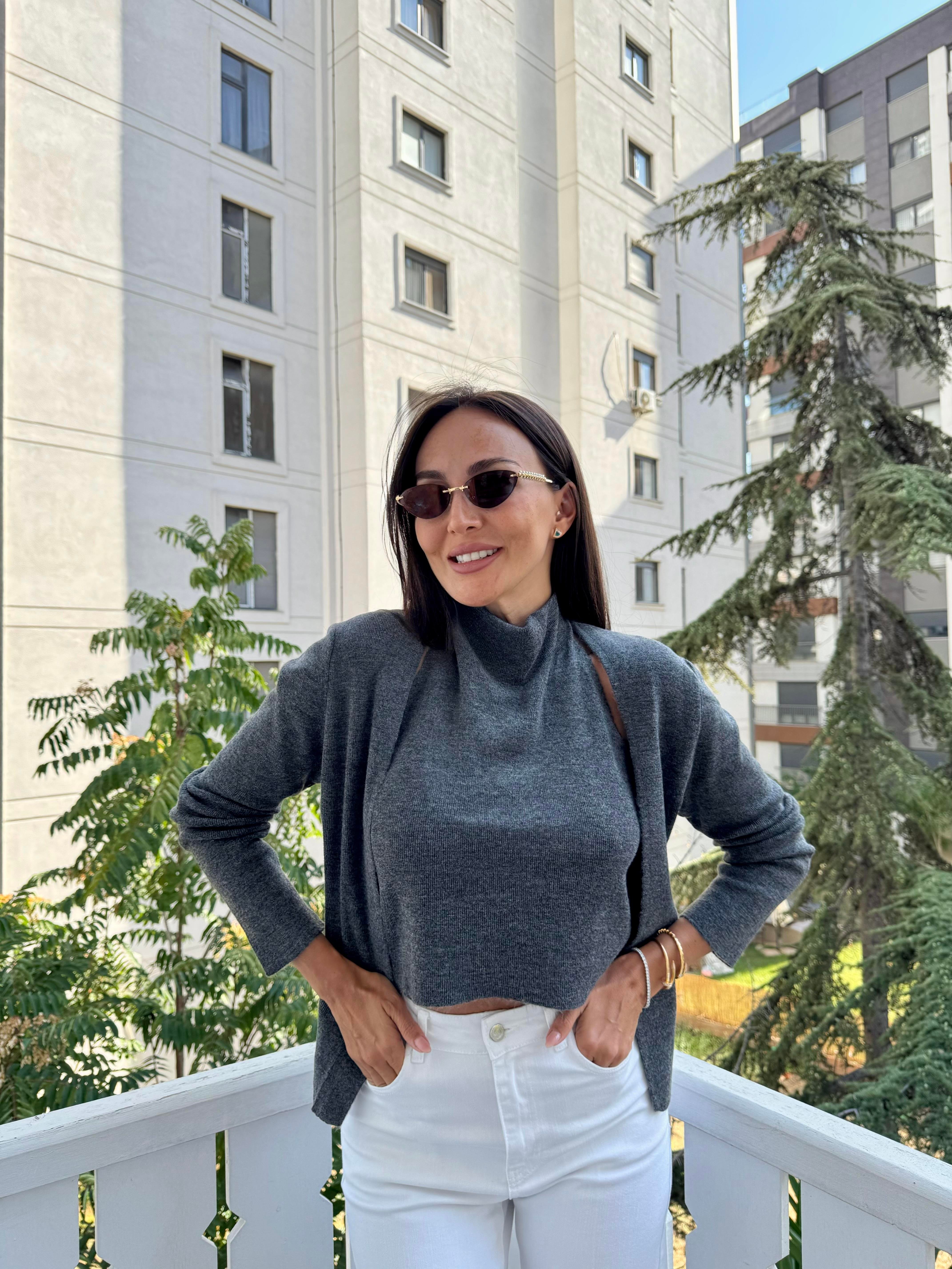 Antrasit Tasarım Bluzlu Hırka