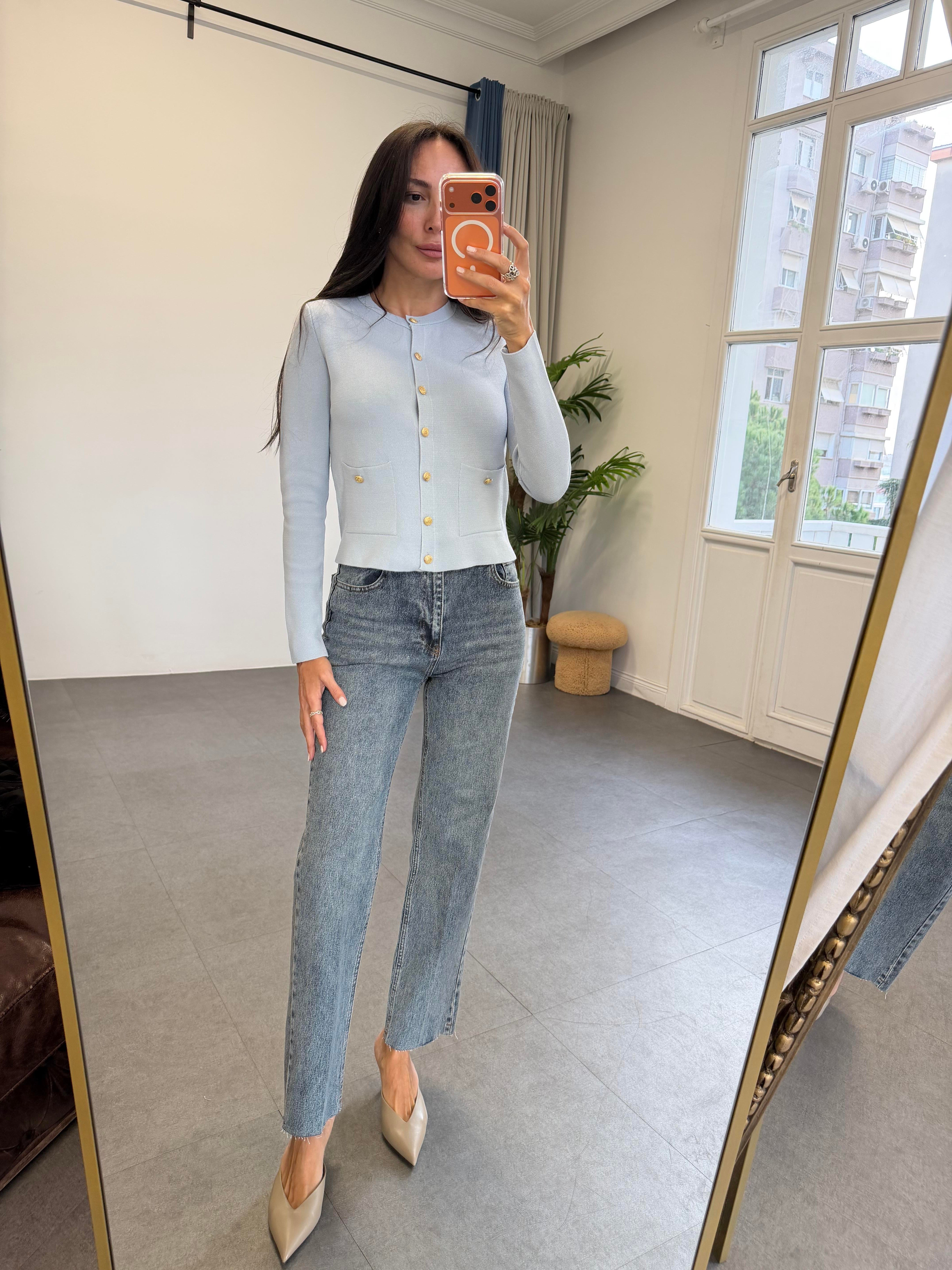 Bebe Mavisi Gold Düğmeli Cepli Hırka