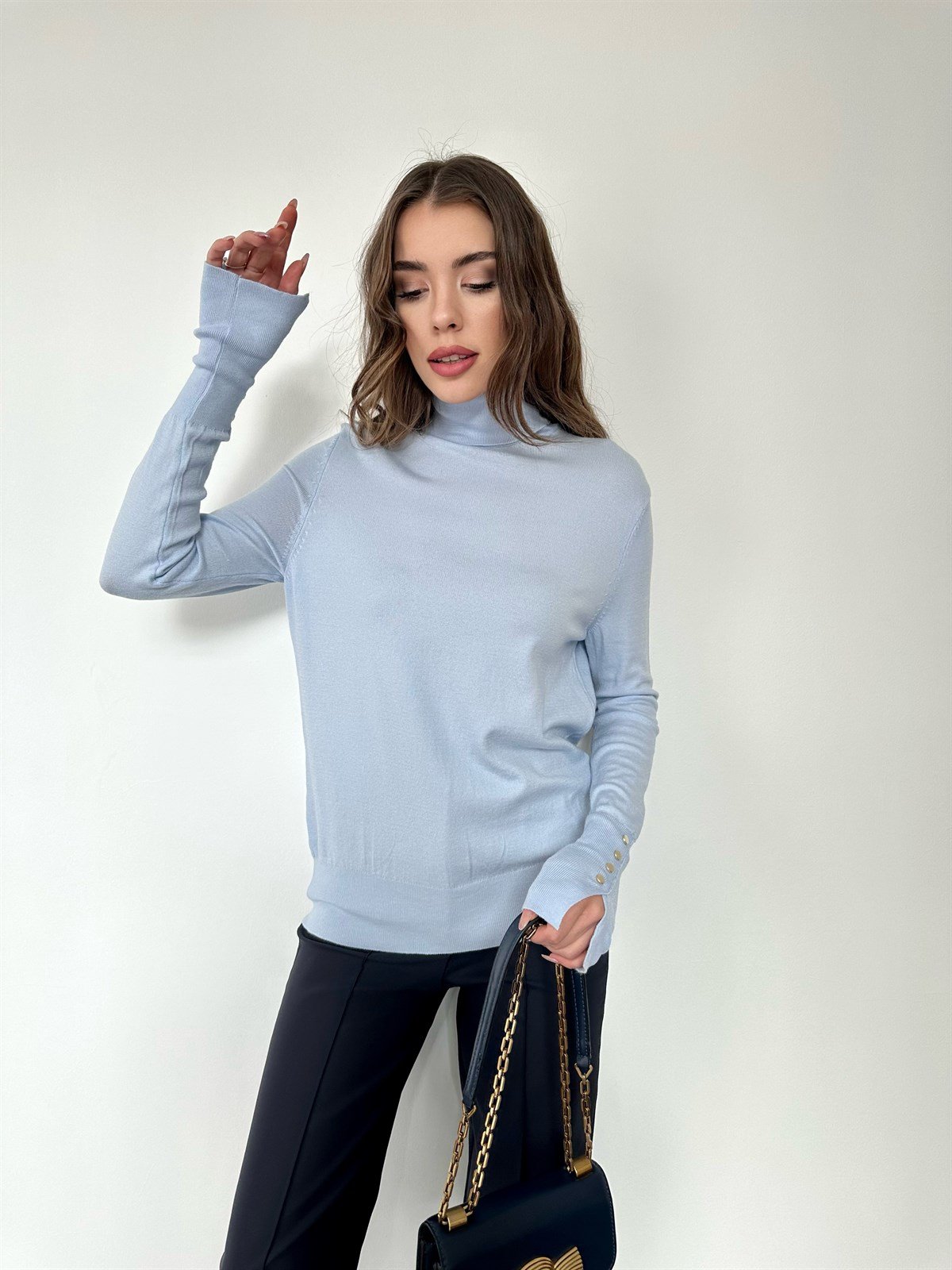 Bebe Mavisi  Kolları Çıtçıtlı Balıkçı Yaka Kazak