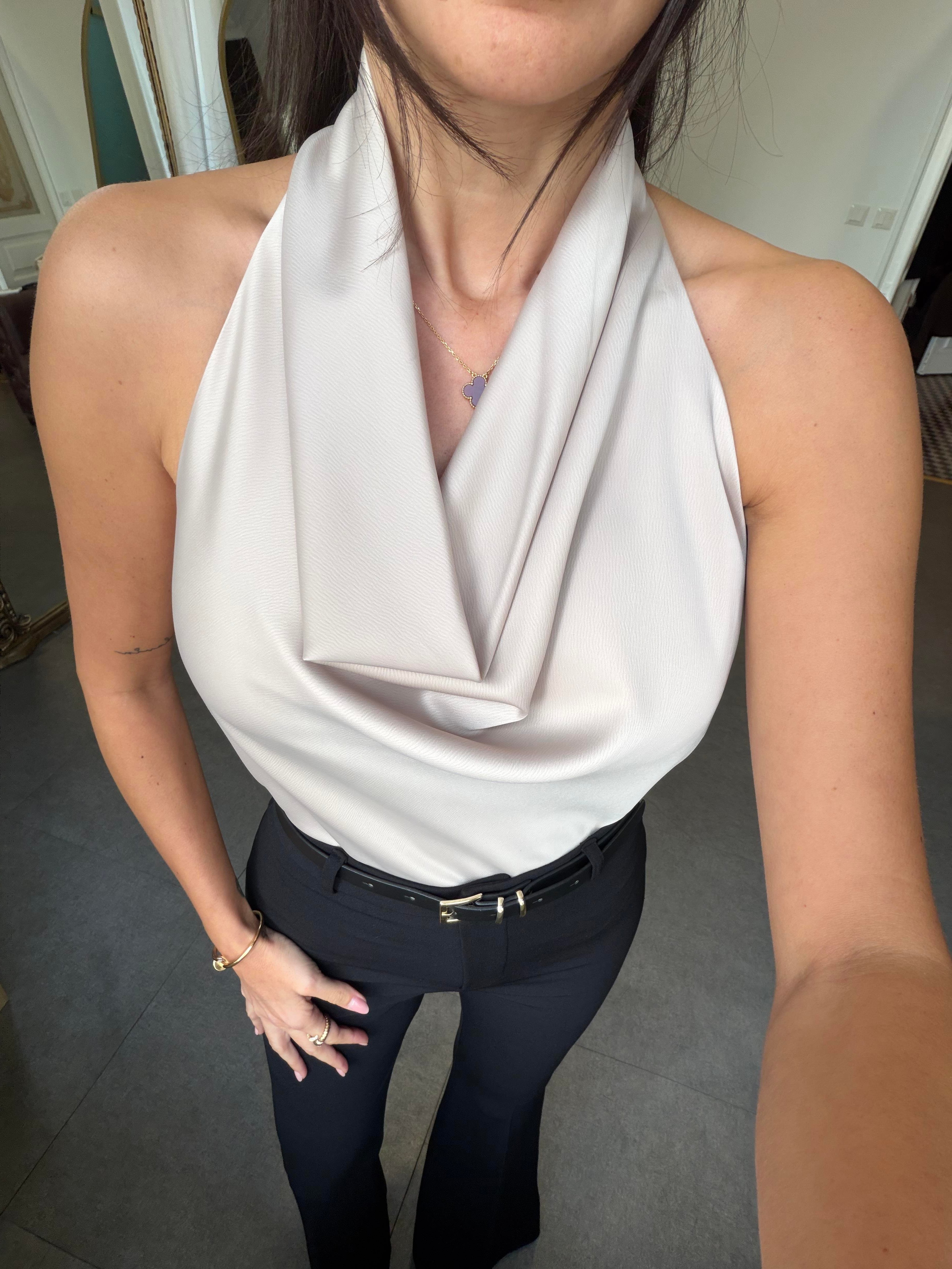 Bej Degaje Yaka Saten Bluz