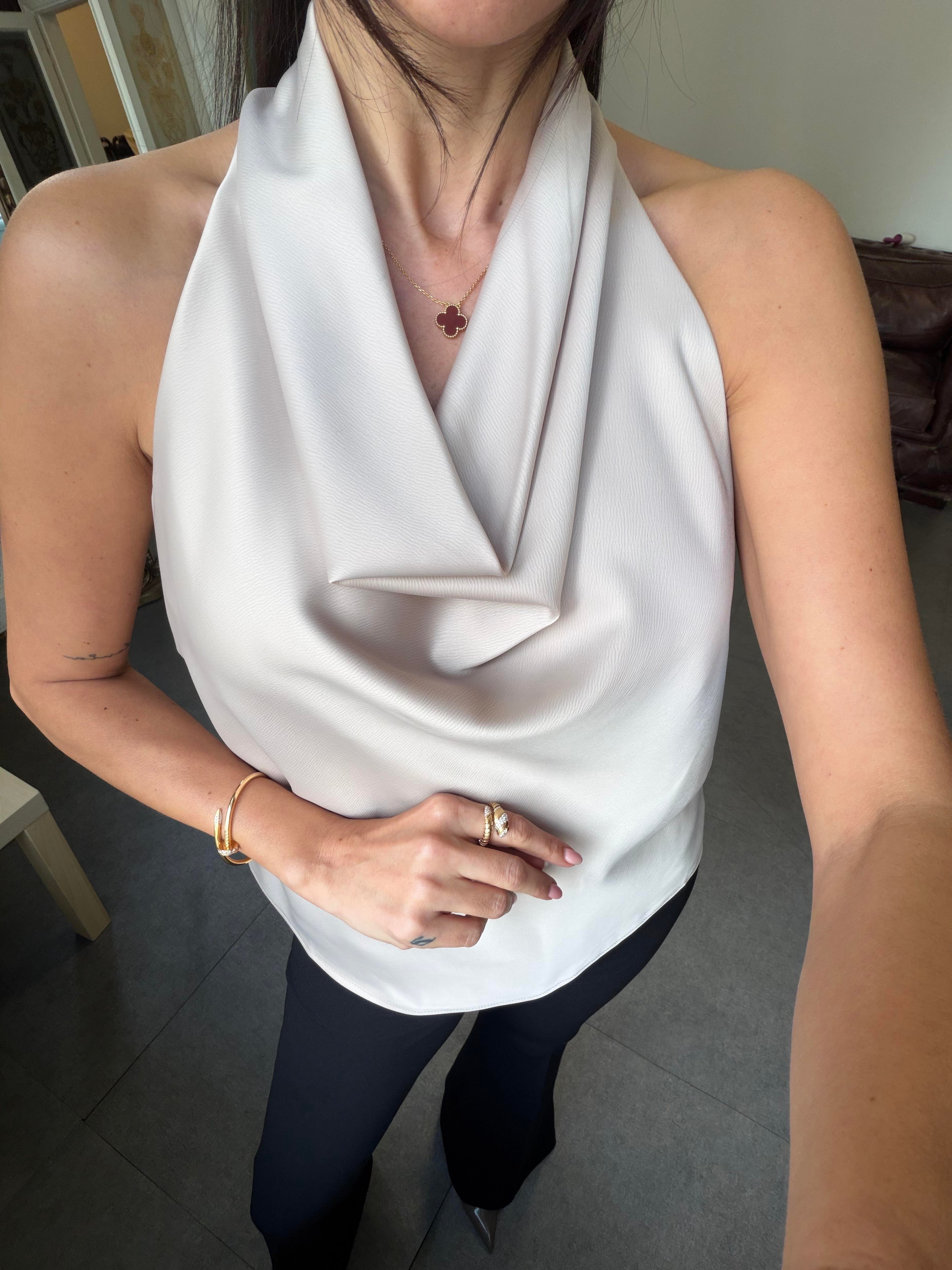 Bej Degaje Yaka Saten Bluz