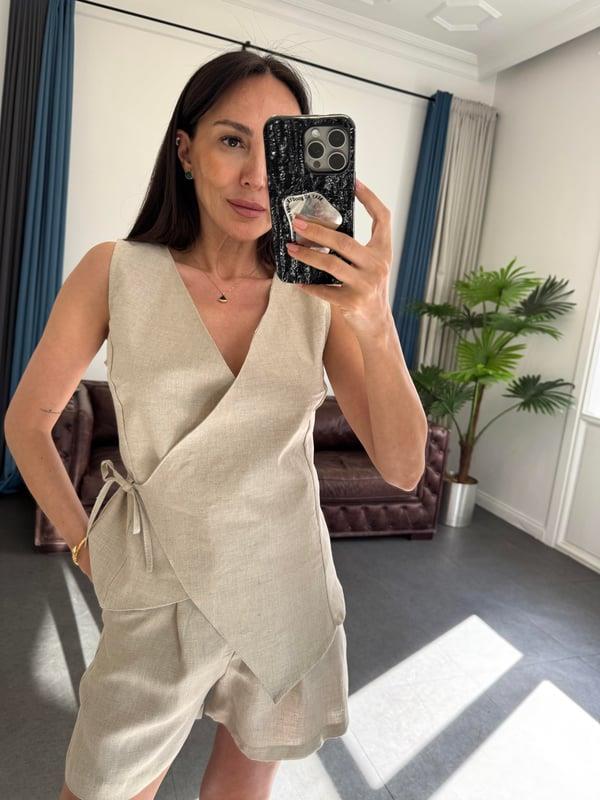 Bej Keten Bağlamalı Yelek