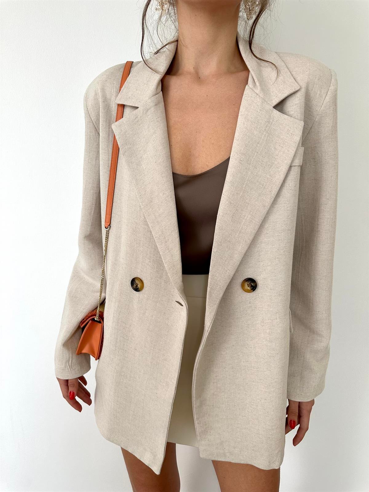 Bej  Keten Blazer Ceket