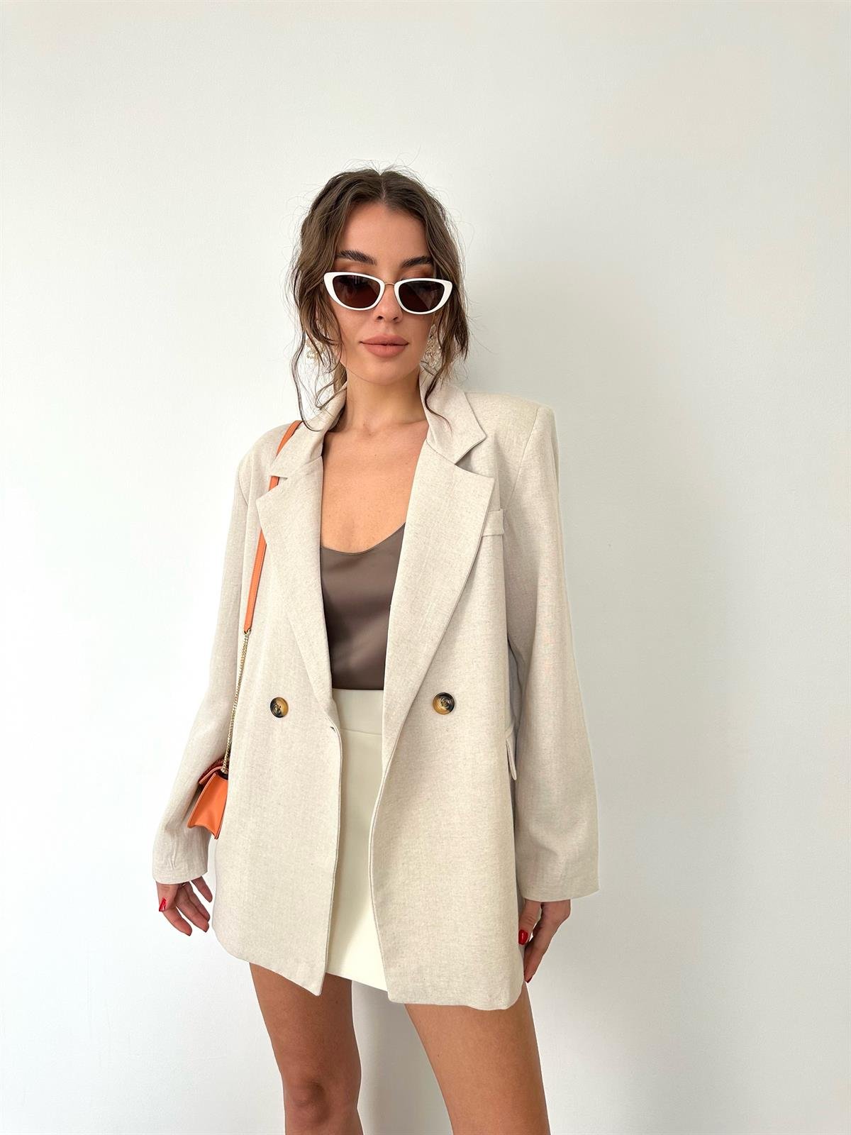 Bej  Keten Blazer Ceket