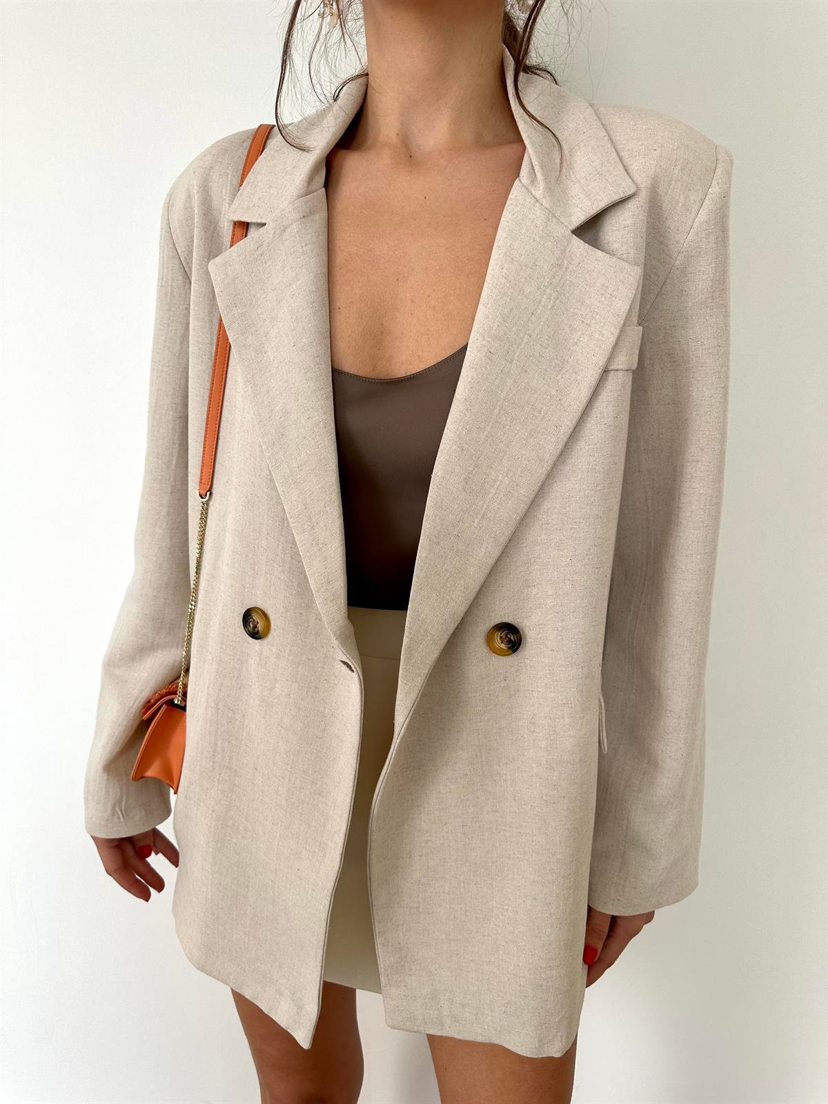Bej  Keten Blazer Ceket