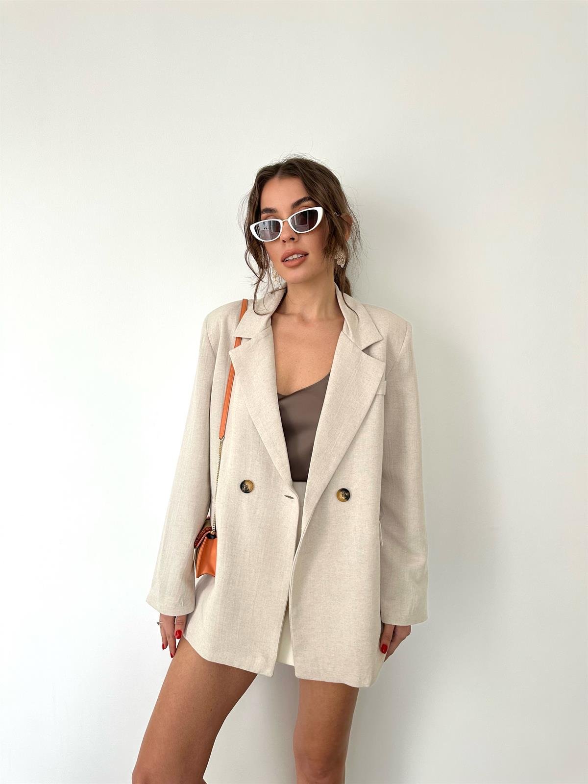 Bej  Keten Blazer Ceket