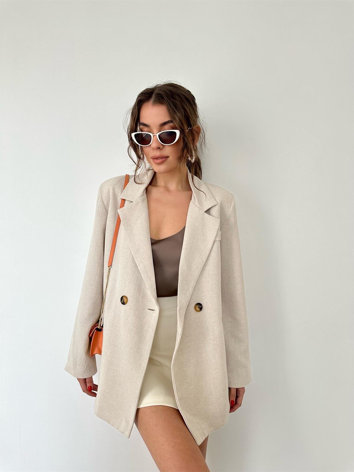 Bej  Keten Blazer Ceket