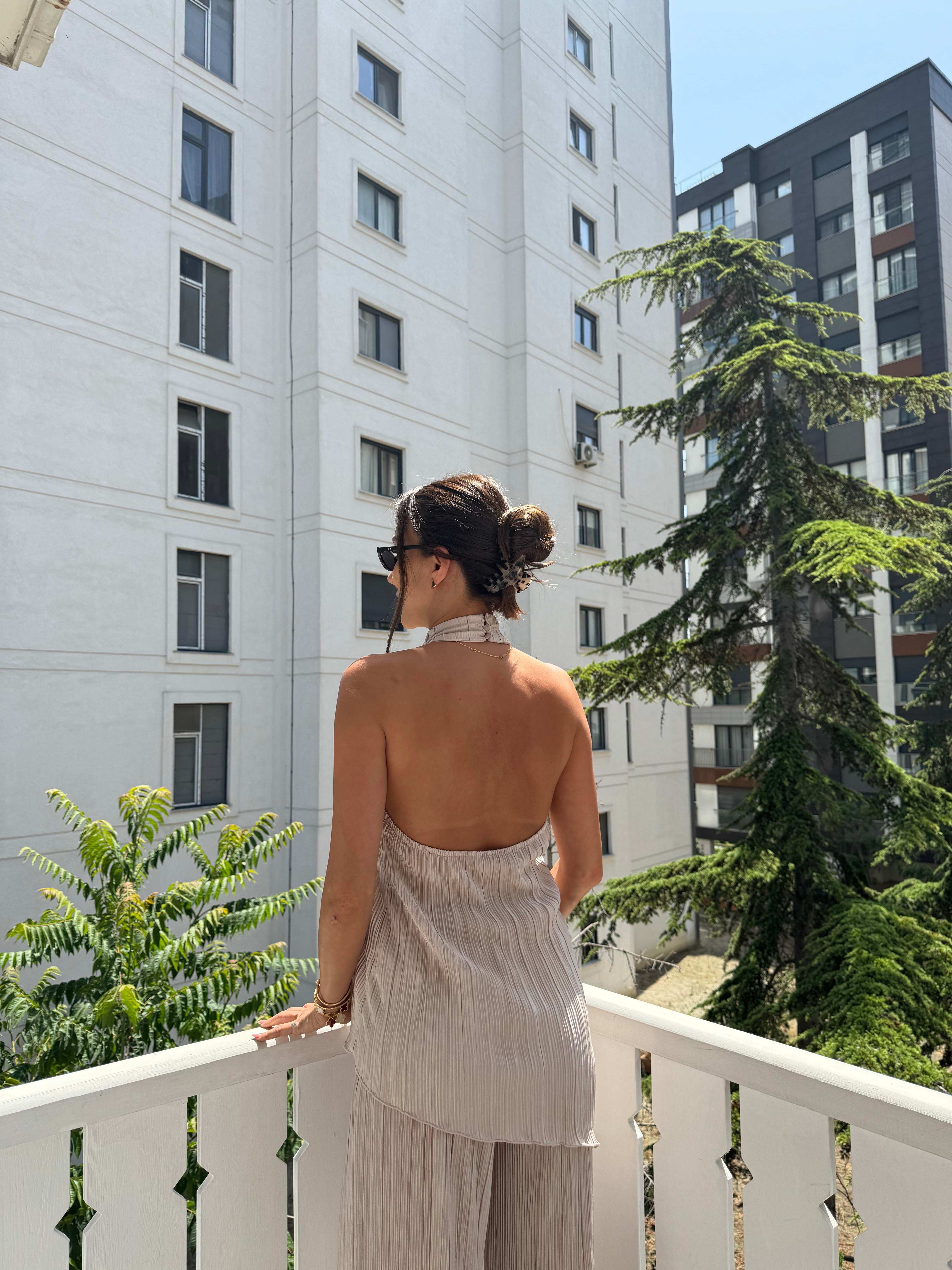 Bej Kırınkıl Kumaş Bluz Takım