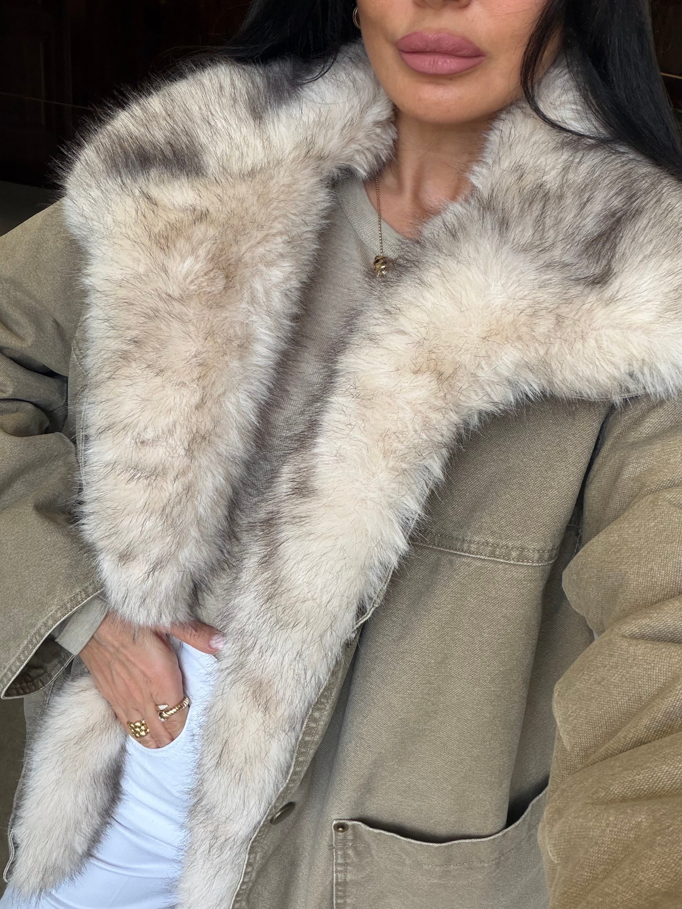 Bej Oversize Kürk Garnili Mont