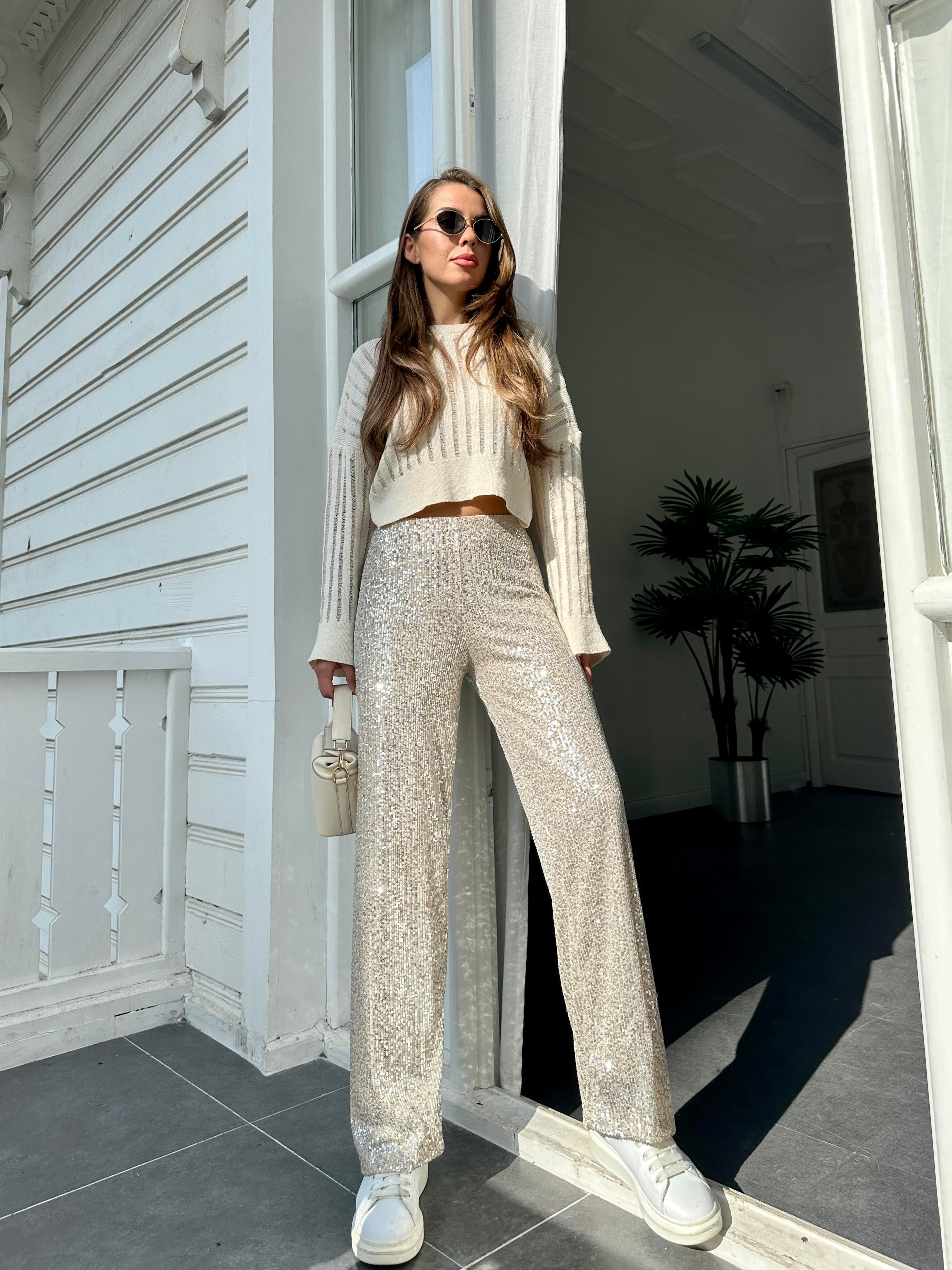 Bej Payetli Bol Paça Pantolon