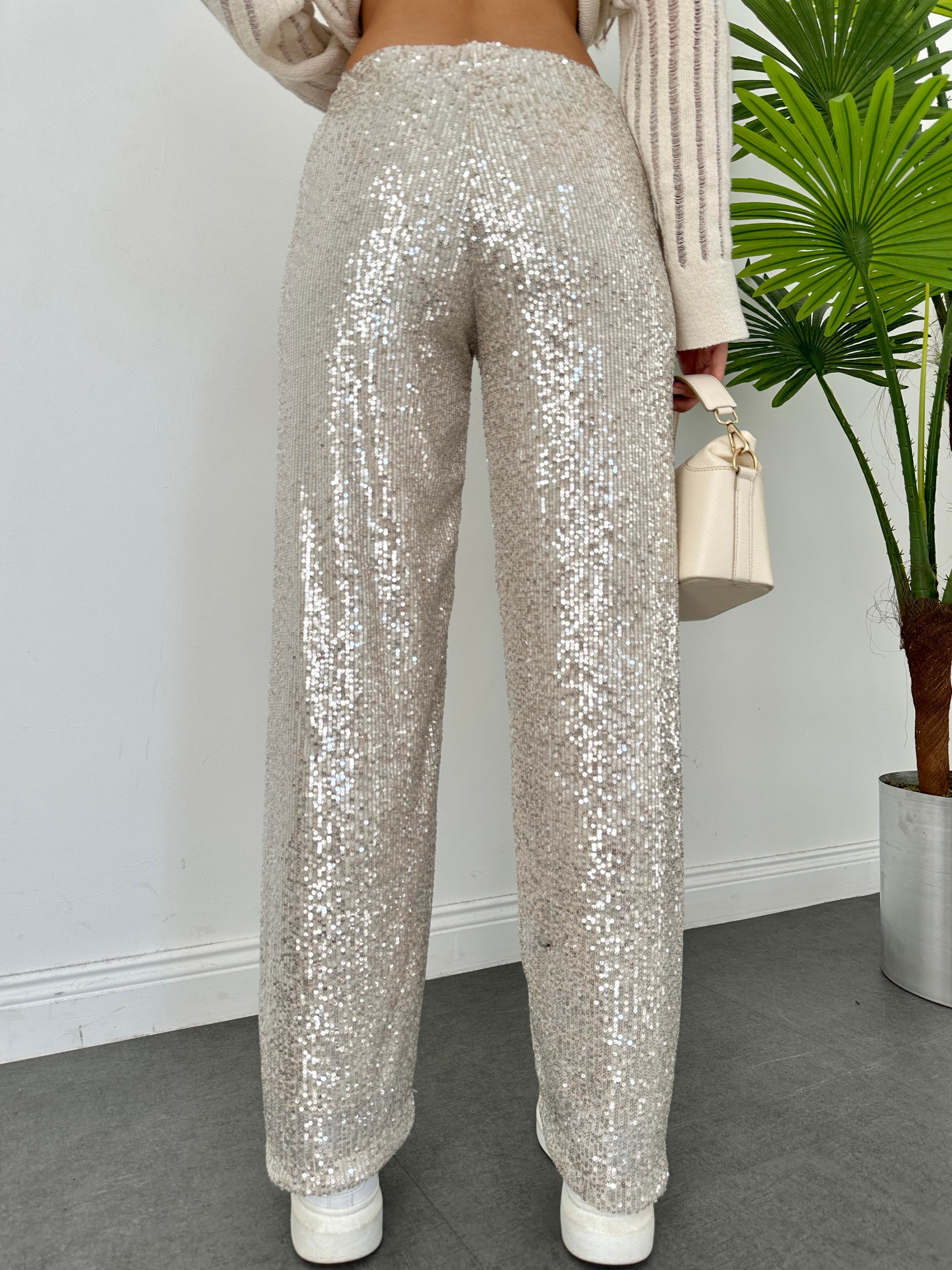 Bej Payetli Bol Paça Pantolon
