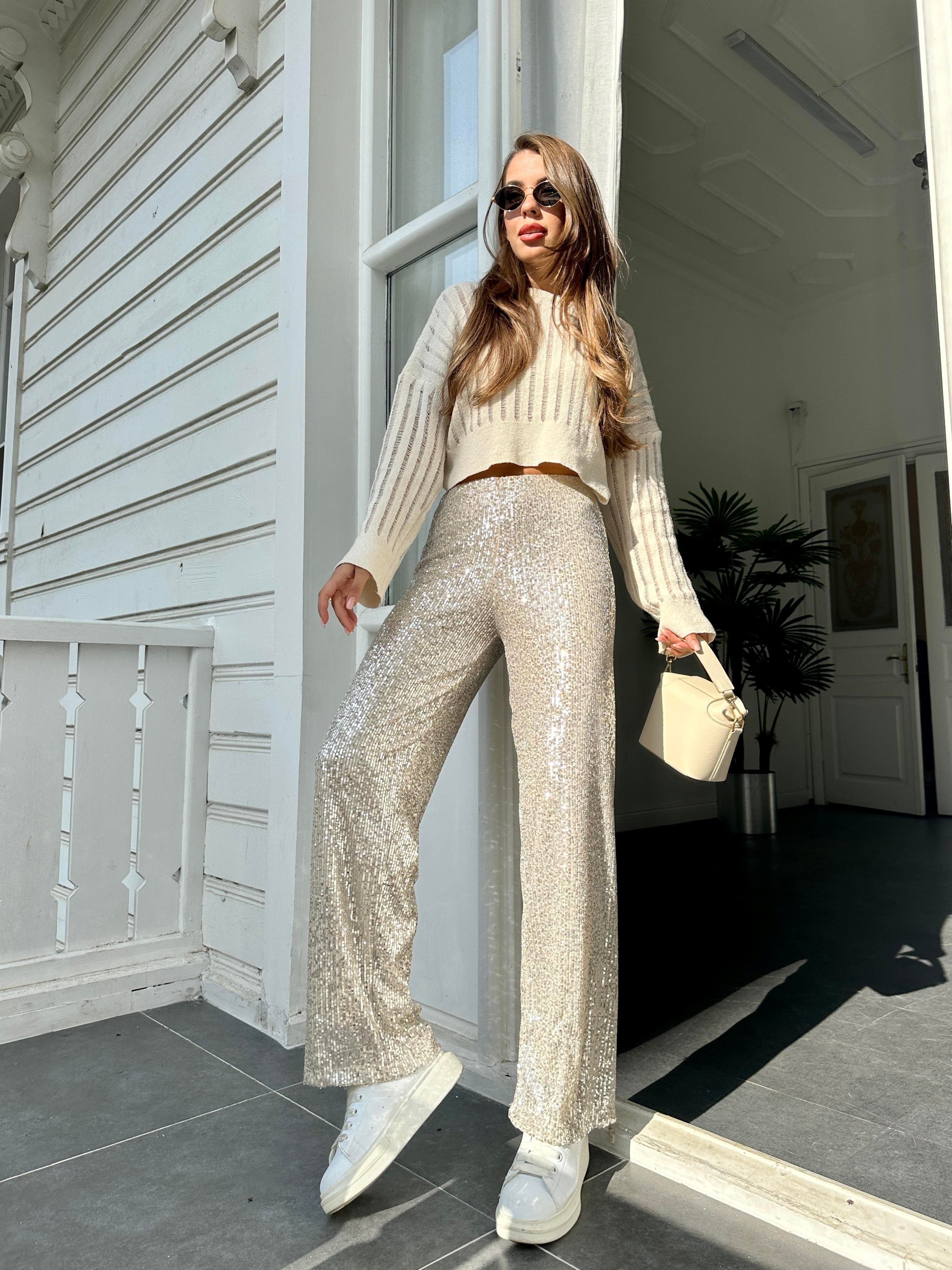 Bej Payetli Bol Paça Pantolon