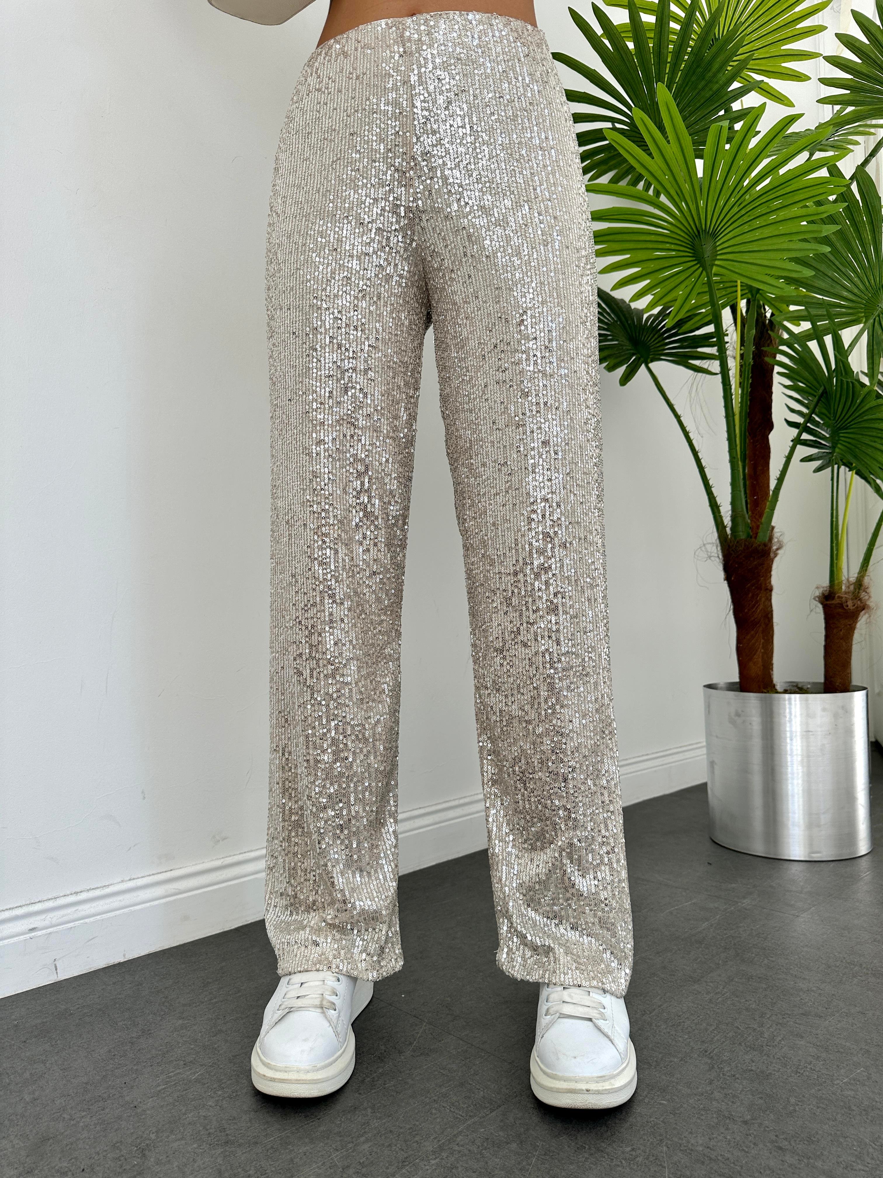 Bej Payetli Bol Paça Pantolon