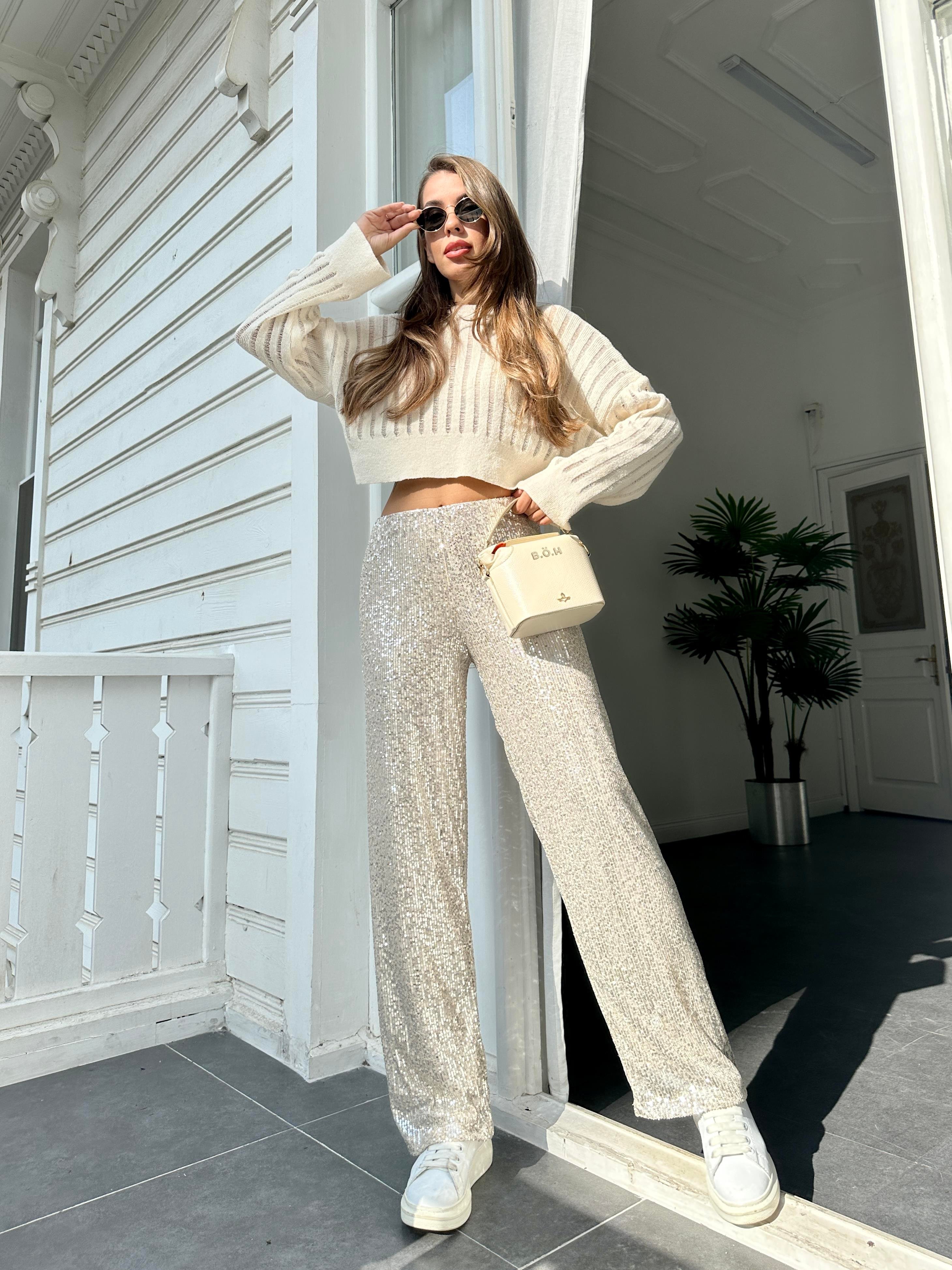 Bej Payetli Bol Paça Pantolon