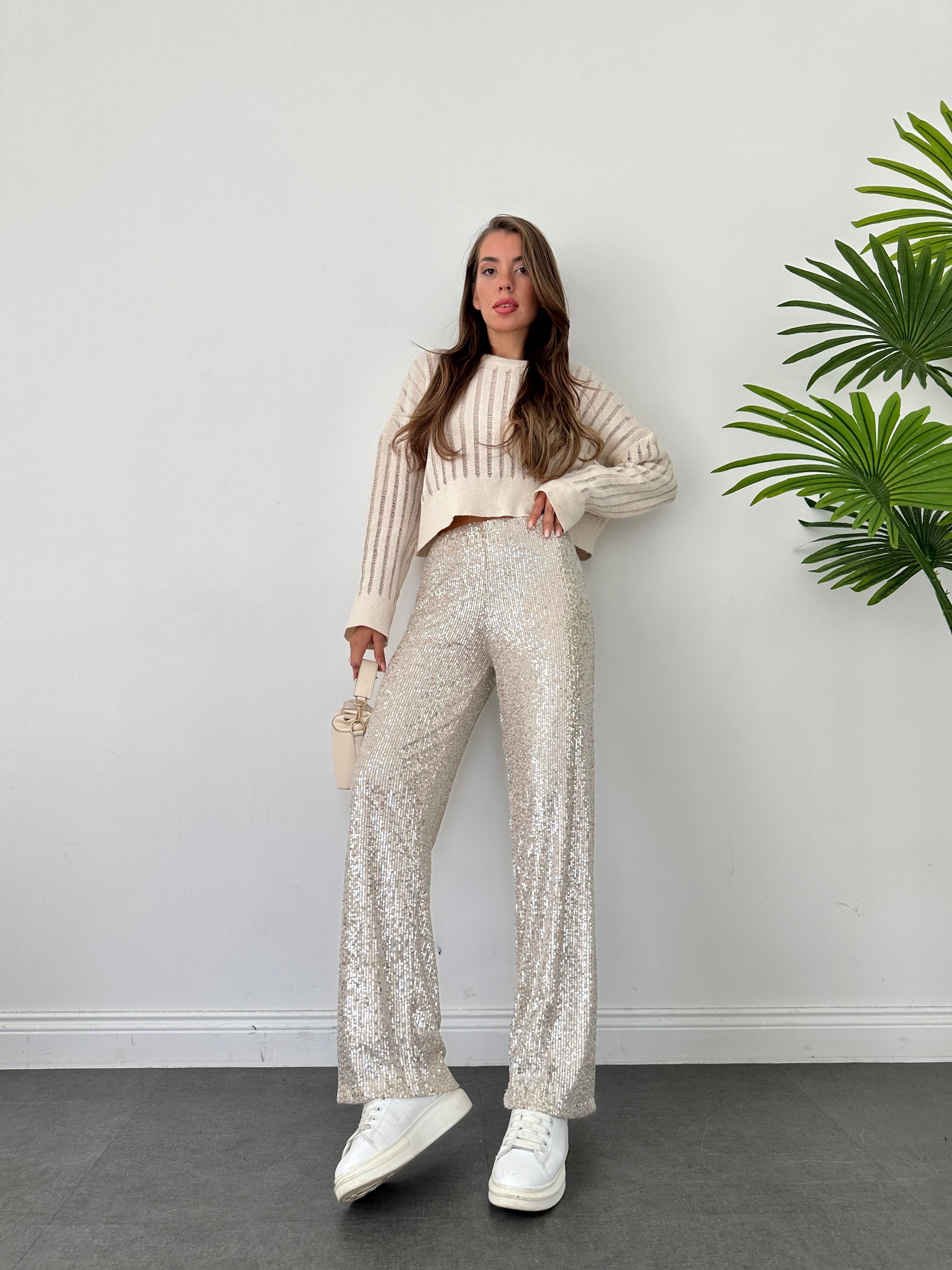 Bej Payetli Bol Paça Pantolon