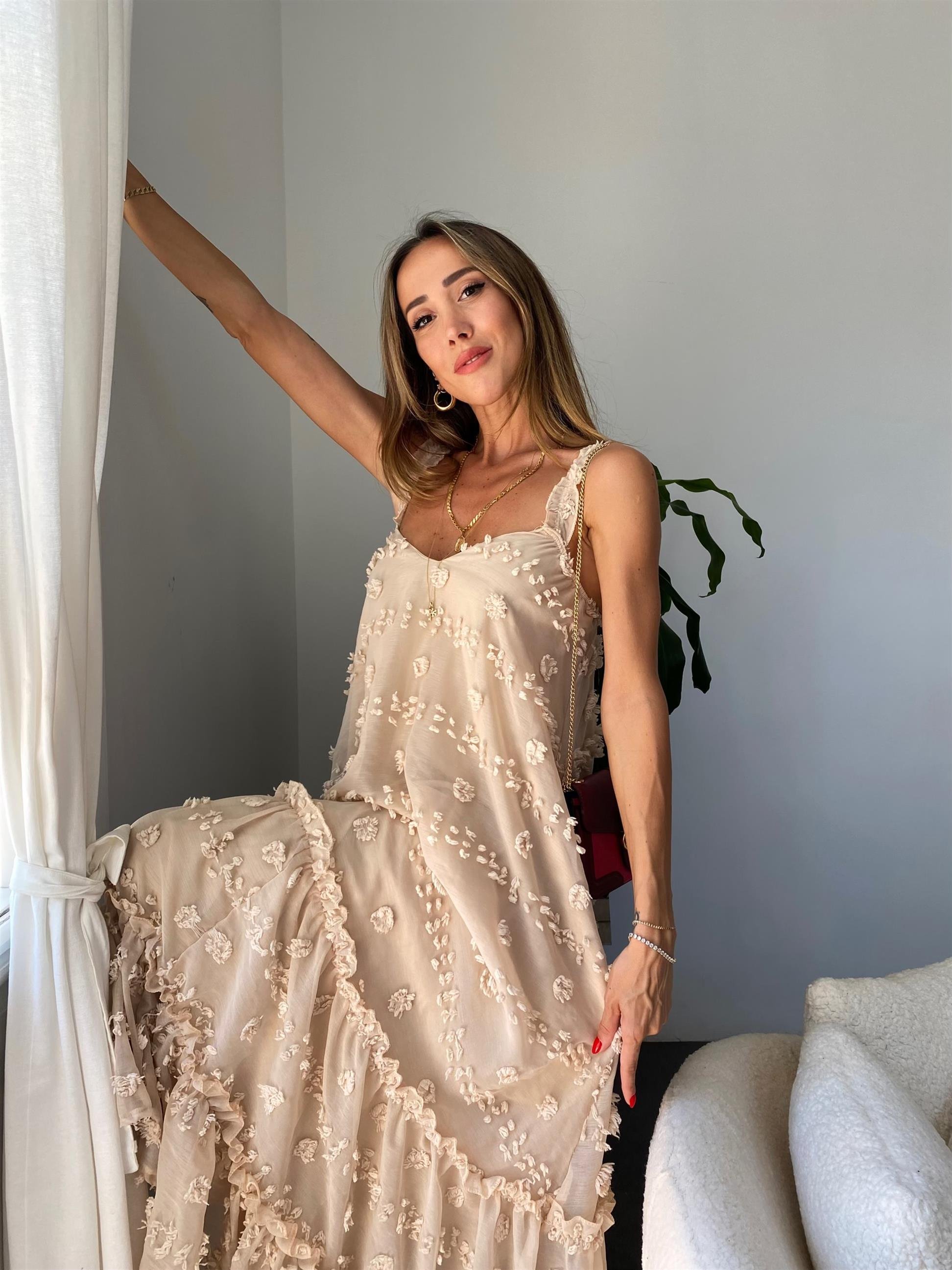 Bej  Rose İp Askılı Elbise