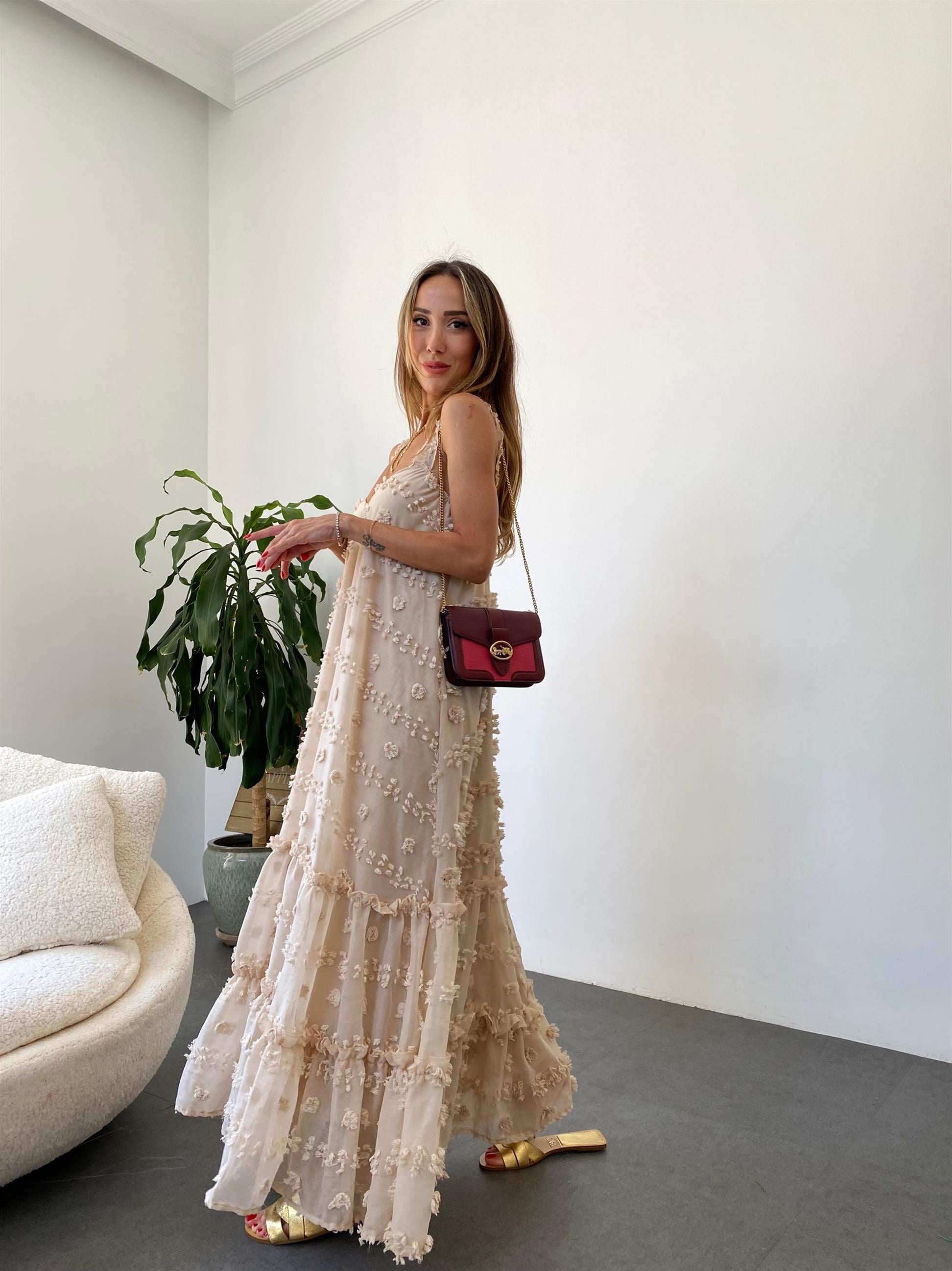 Bej  Rose İp Askılı Elbise