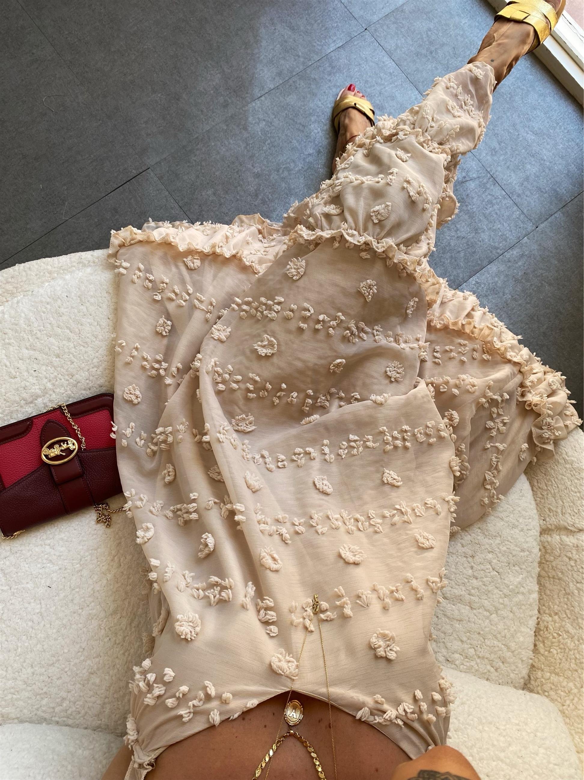 Bej  Rose İp Askılı Elbise
